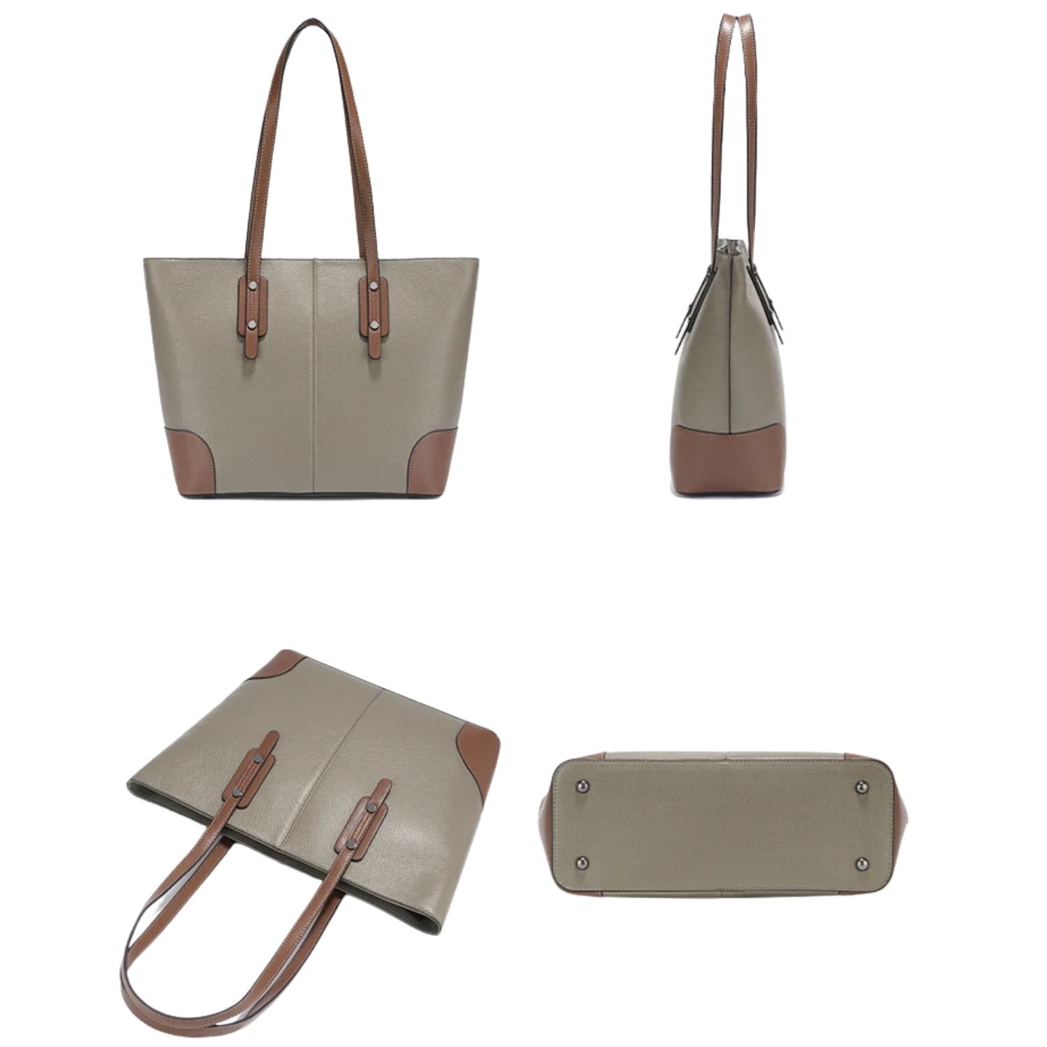 Collage of a beige handbag with brown accents on a white background