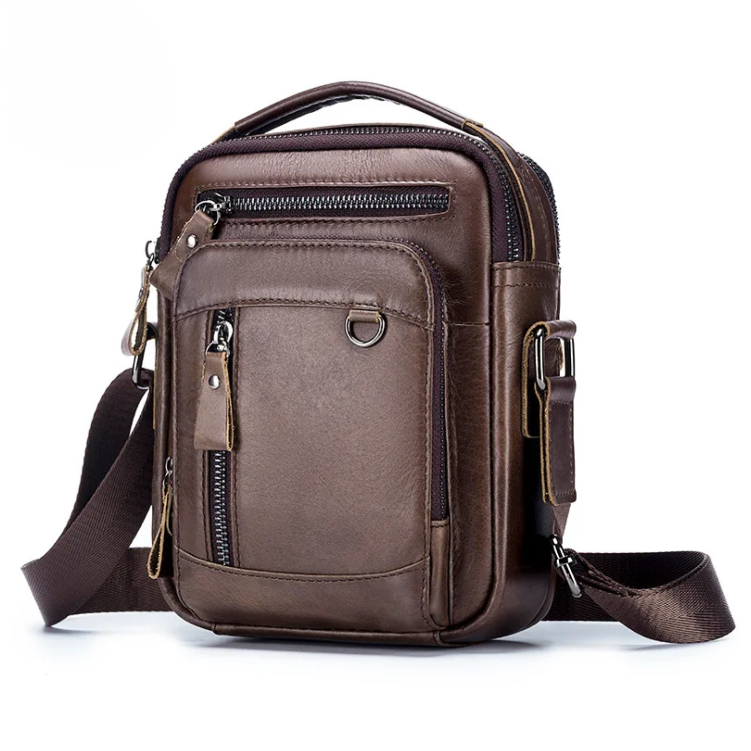 Brown leather crossbody bag on a white background