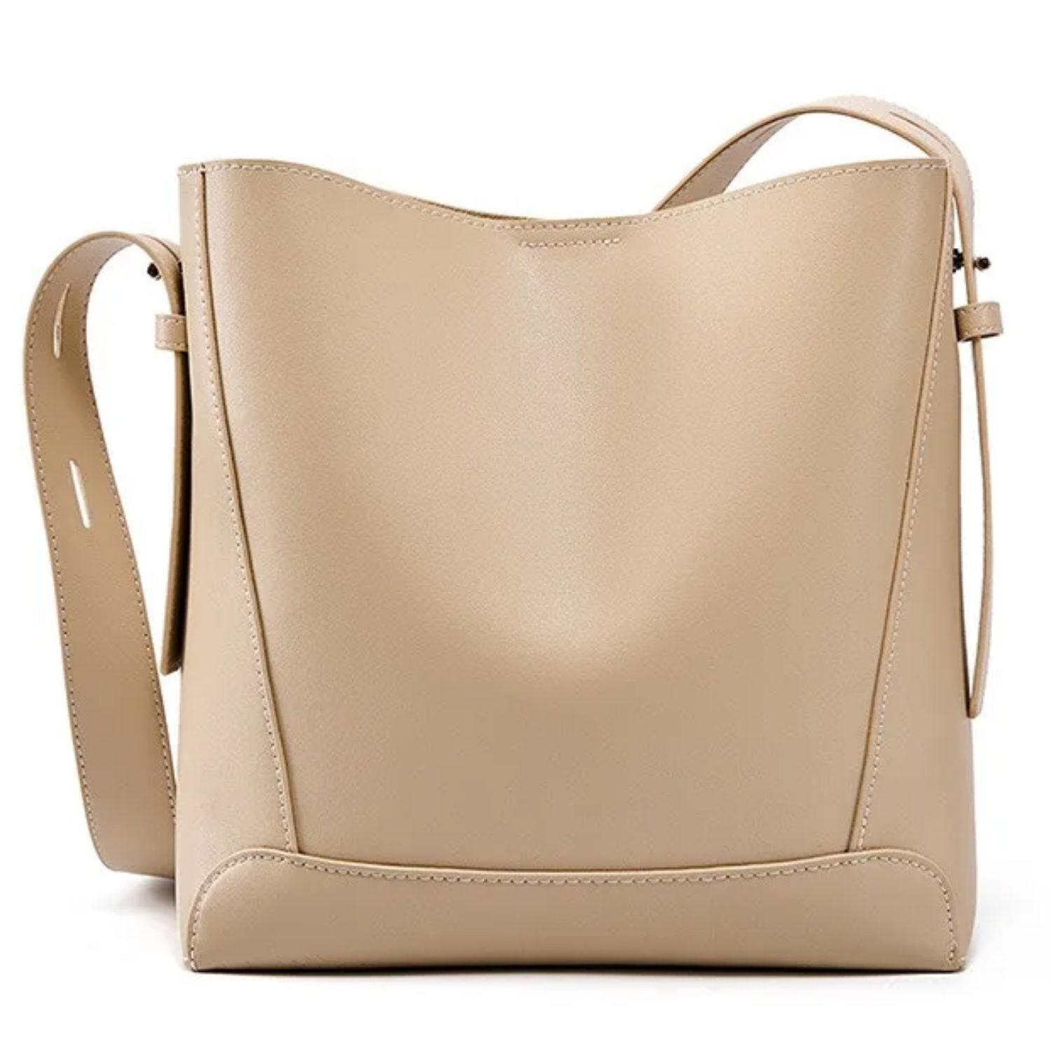 Beige handbag with a shoulder strap on a white background