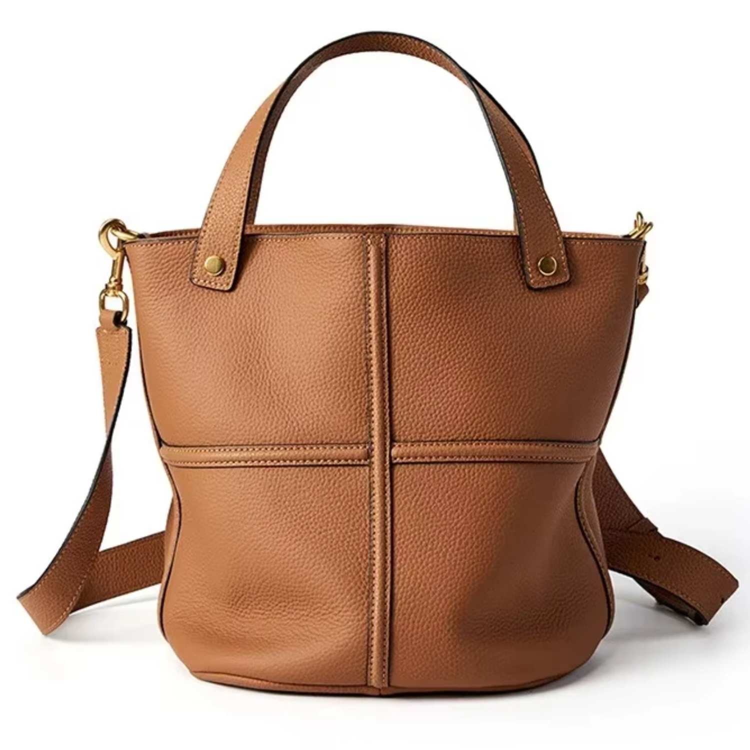 Brown leather handbag with a shoulder strap on a white background