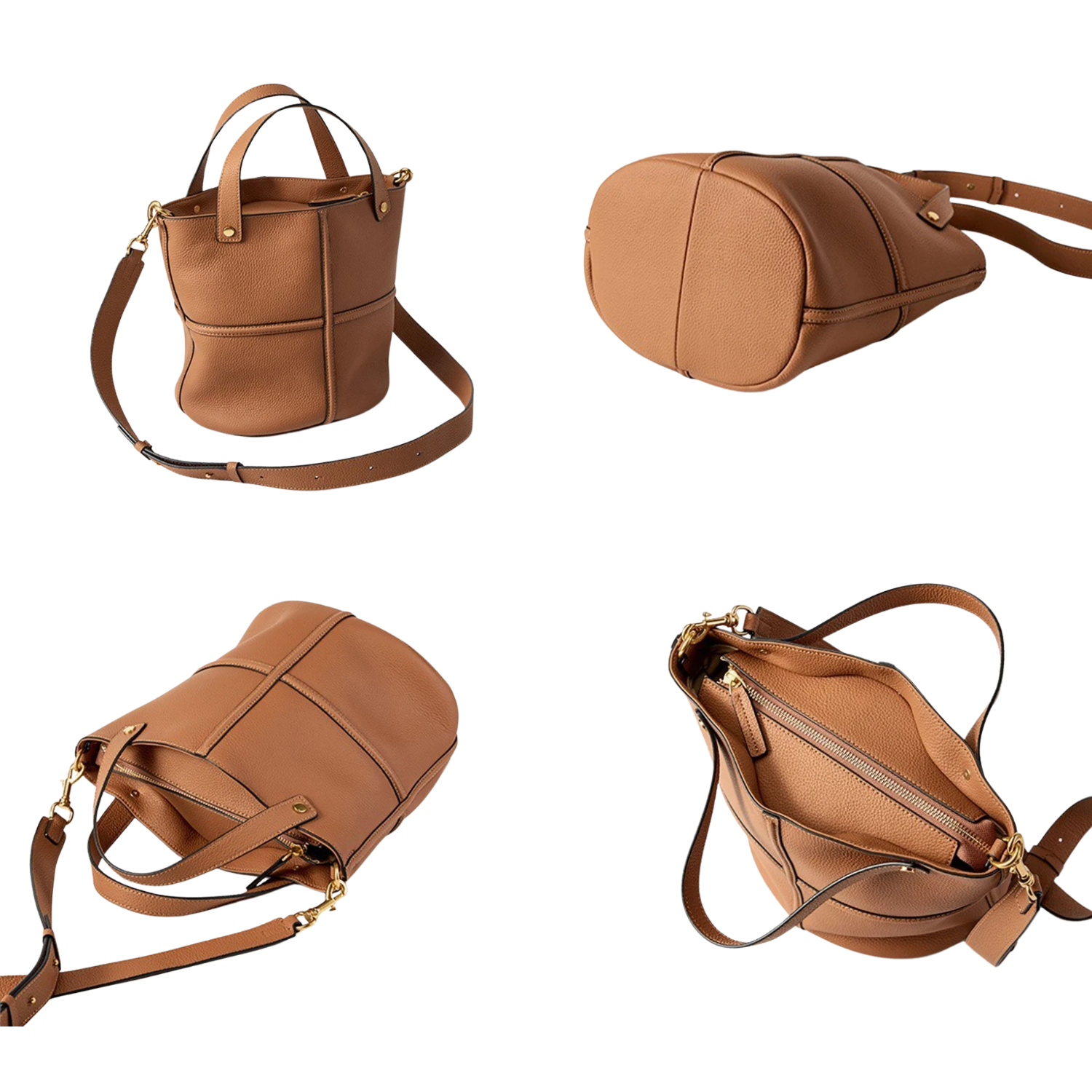 Brown leather handbag shown from multiple angles on a white background
