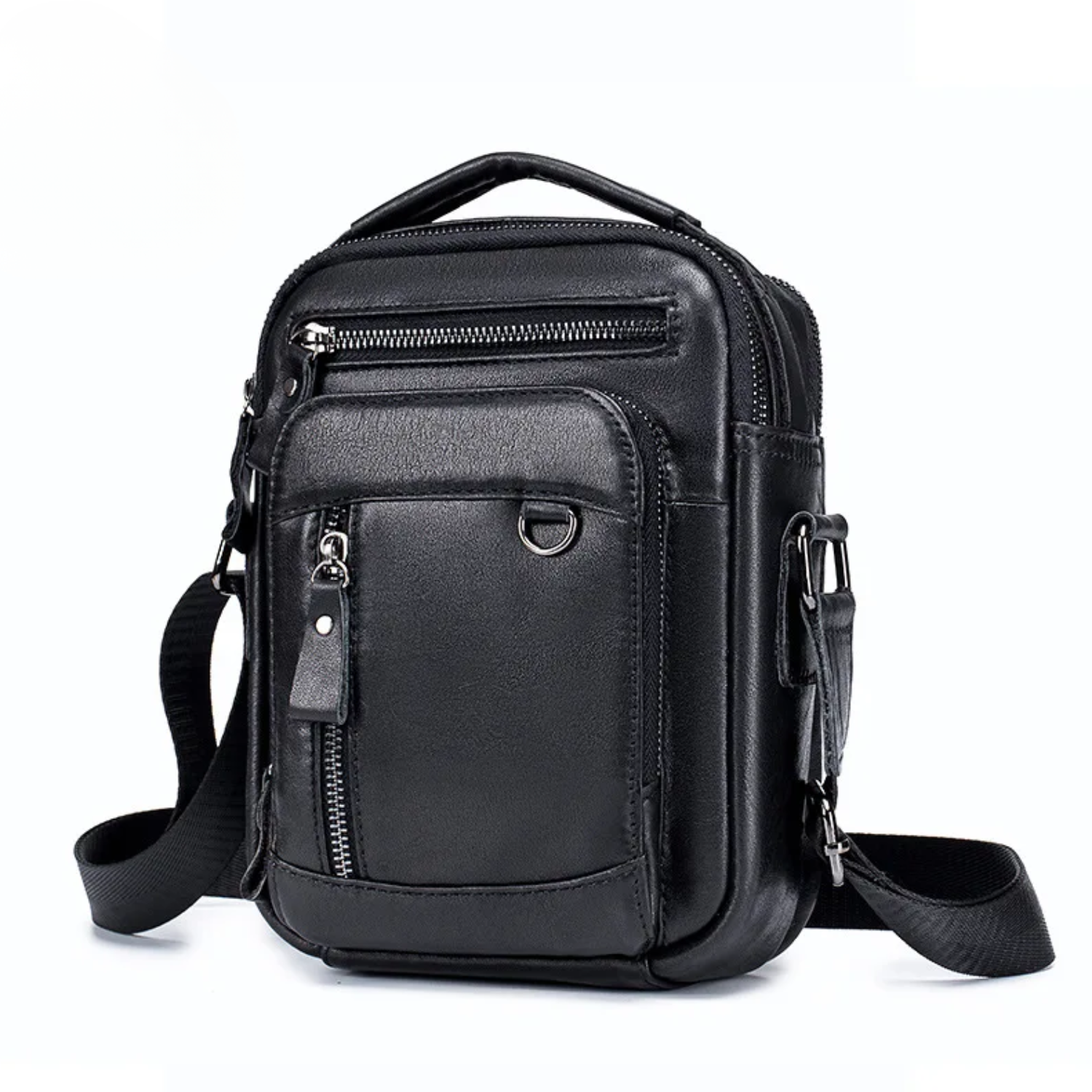 Black leather crossbody bag with multiple pockets and zippers on a white background