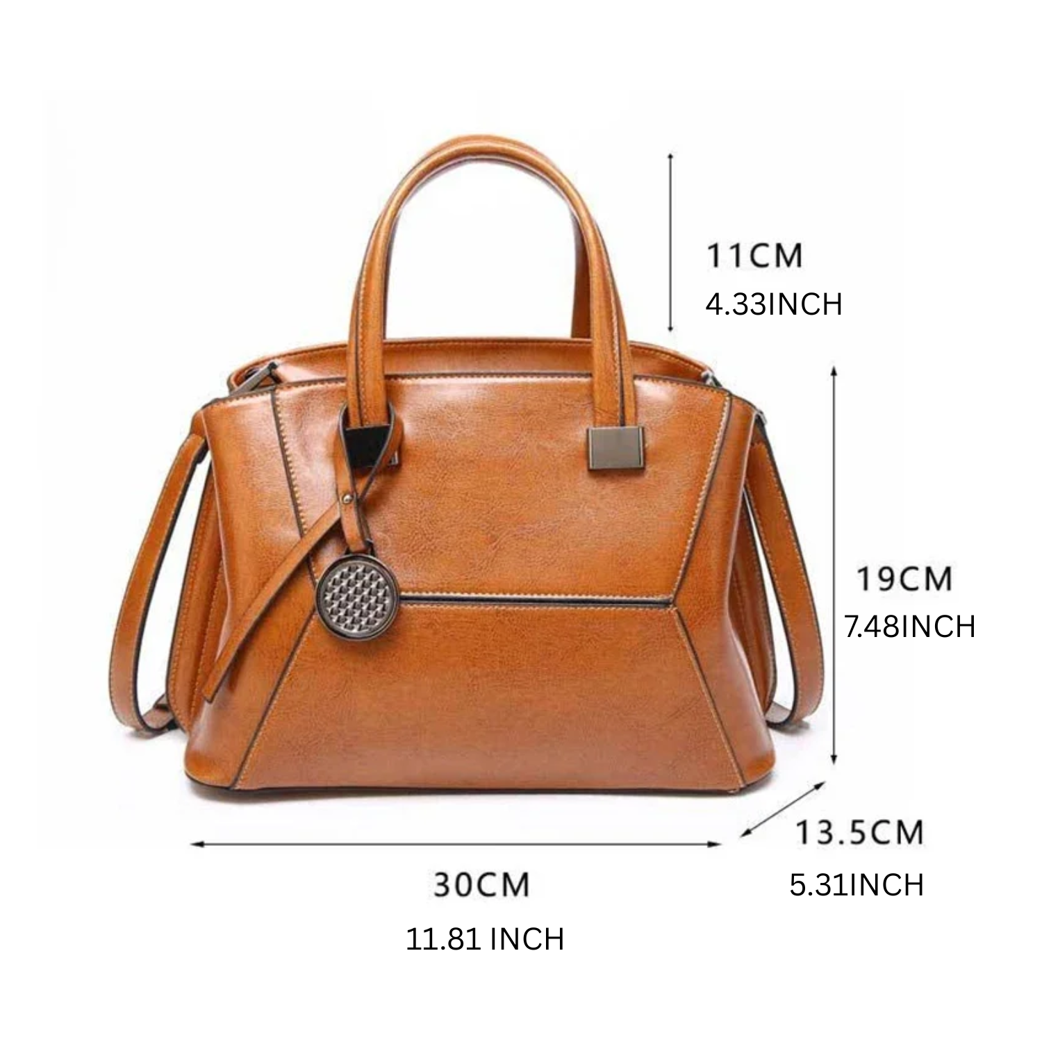 Brown handbag with measurements on a white background