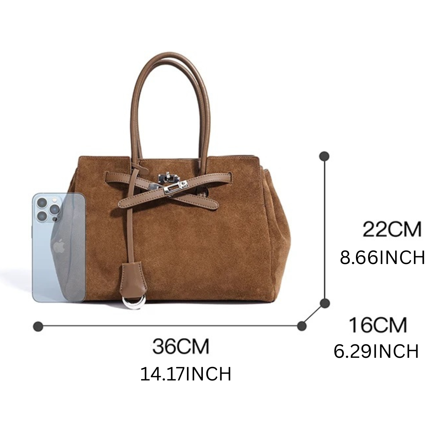 brown suede tote bag with lock detail shown with size dimensions and smartphone for scale