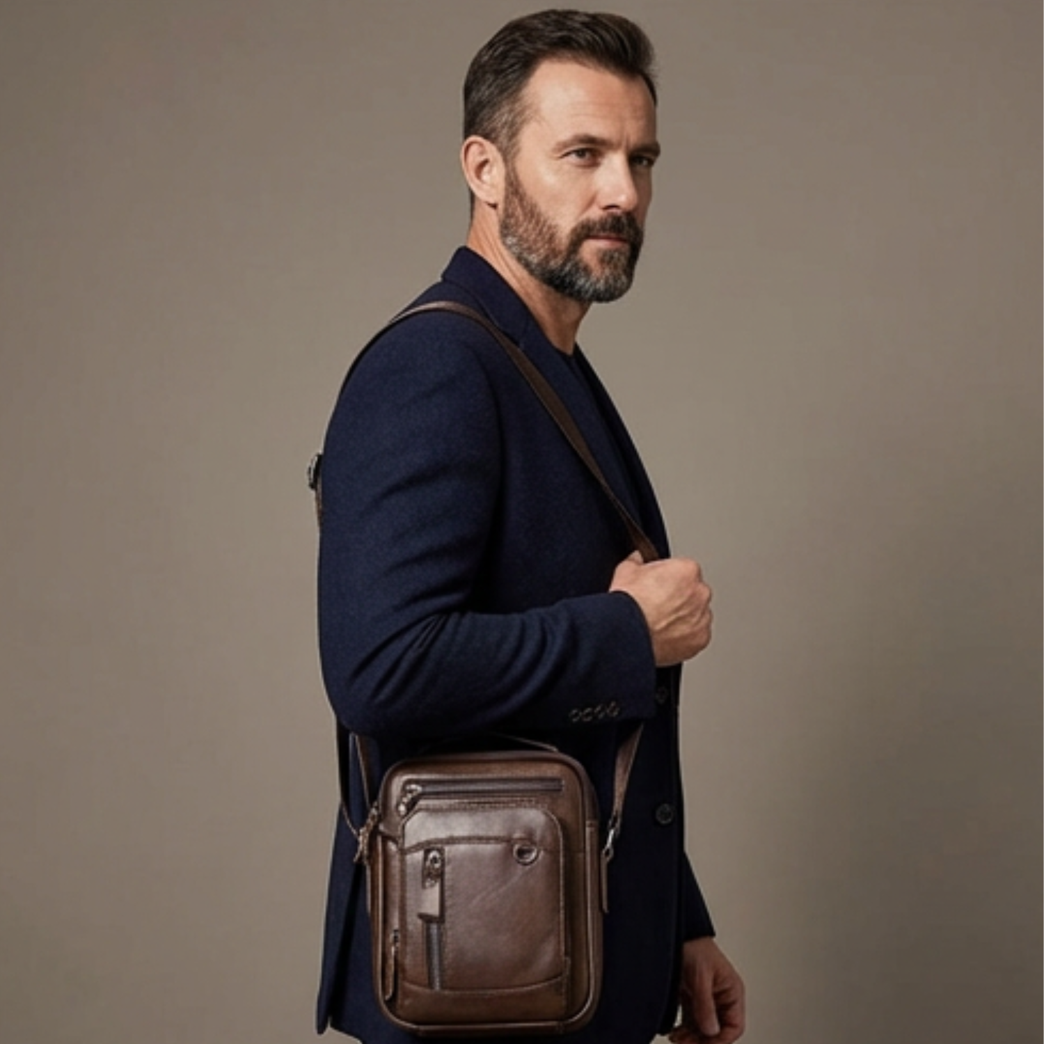 Man wearing a dark blue coat with a brown leather bag on a beige background