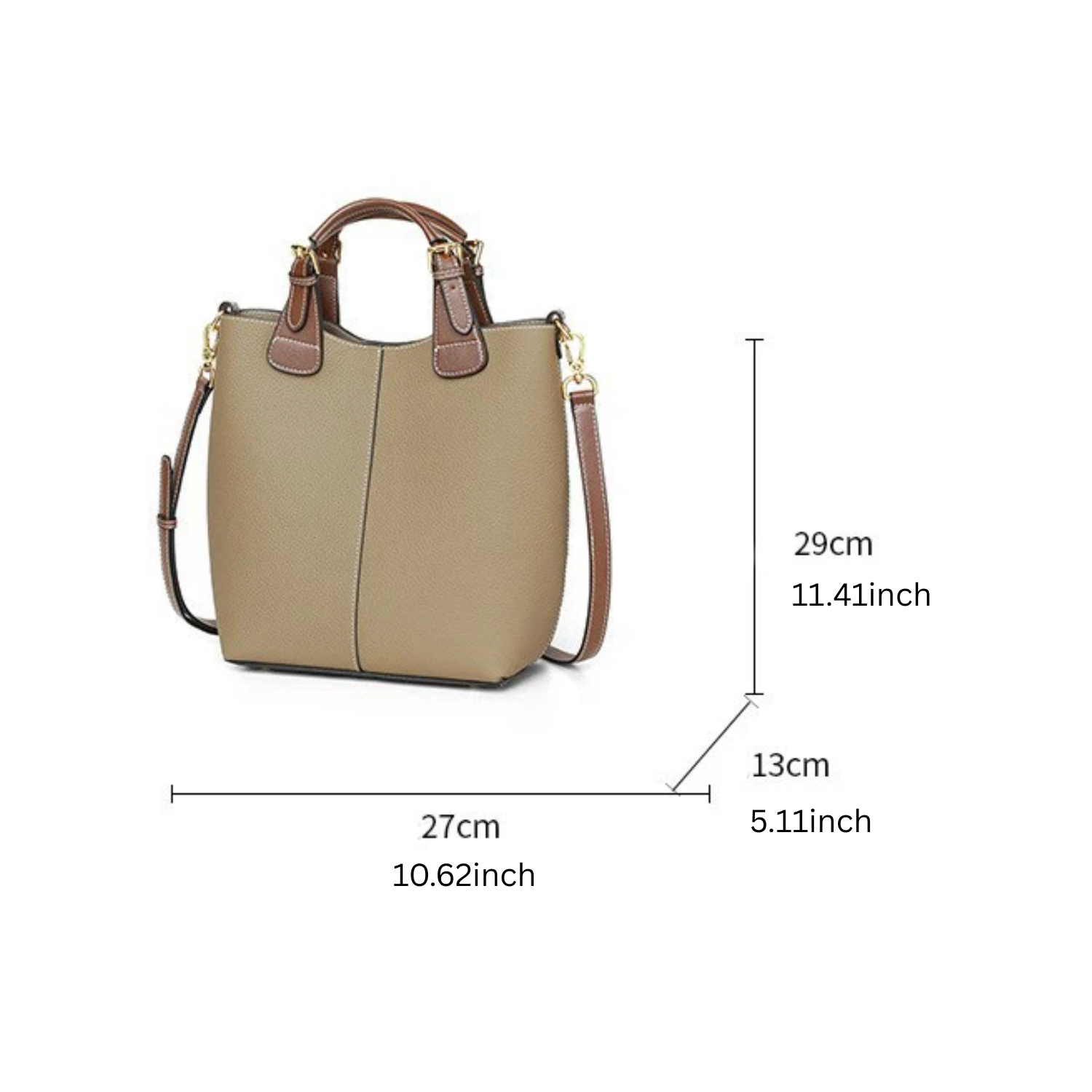 Beige handbag with brown handles and strap, shown with measurements on a white background