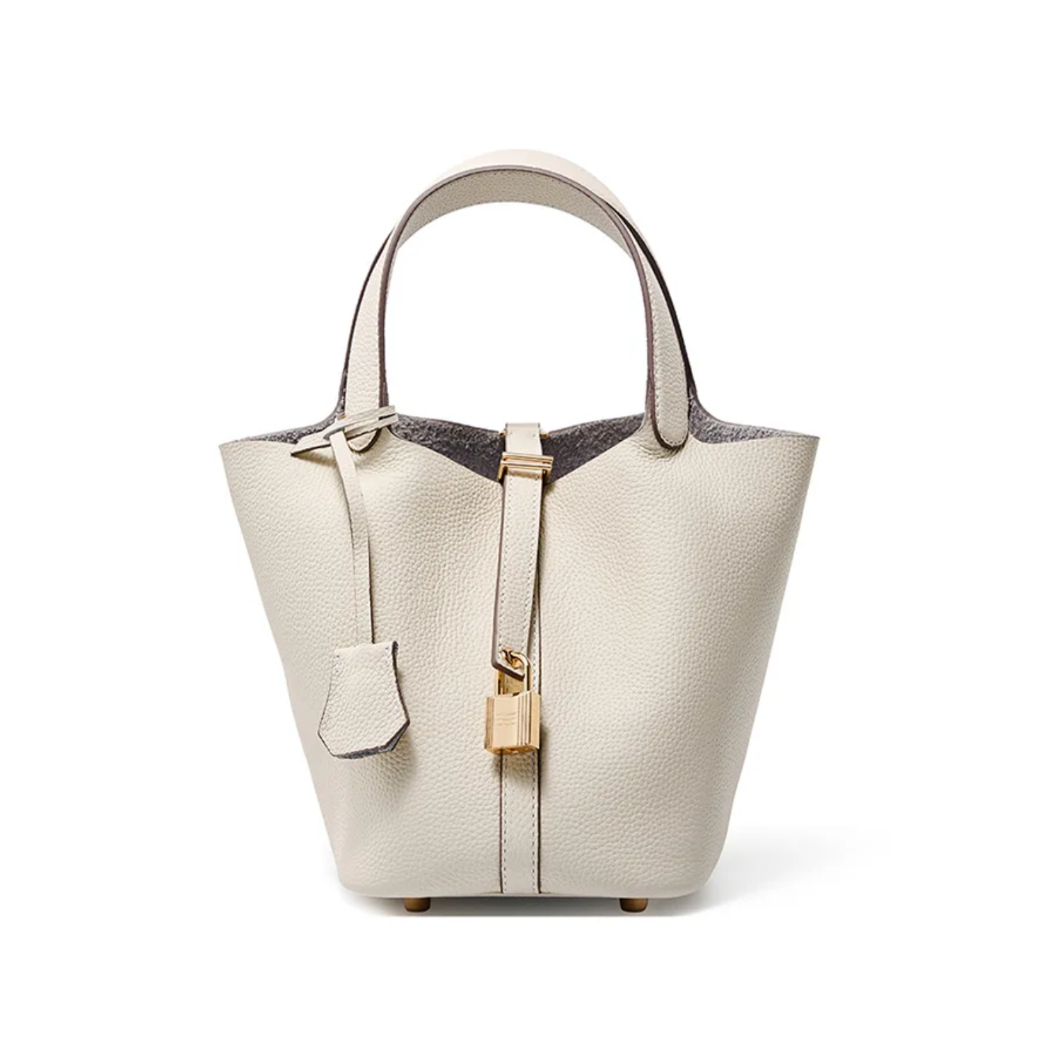 Beige handbag with a gold clasp on a white background
