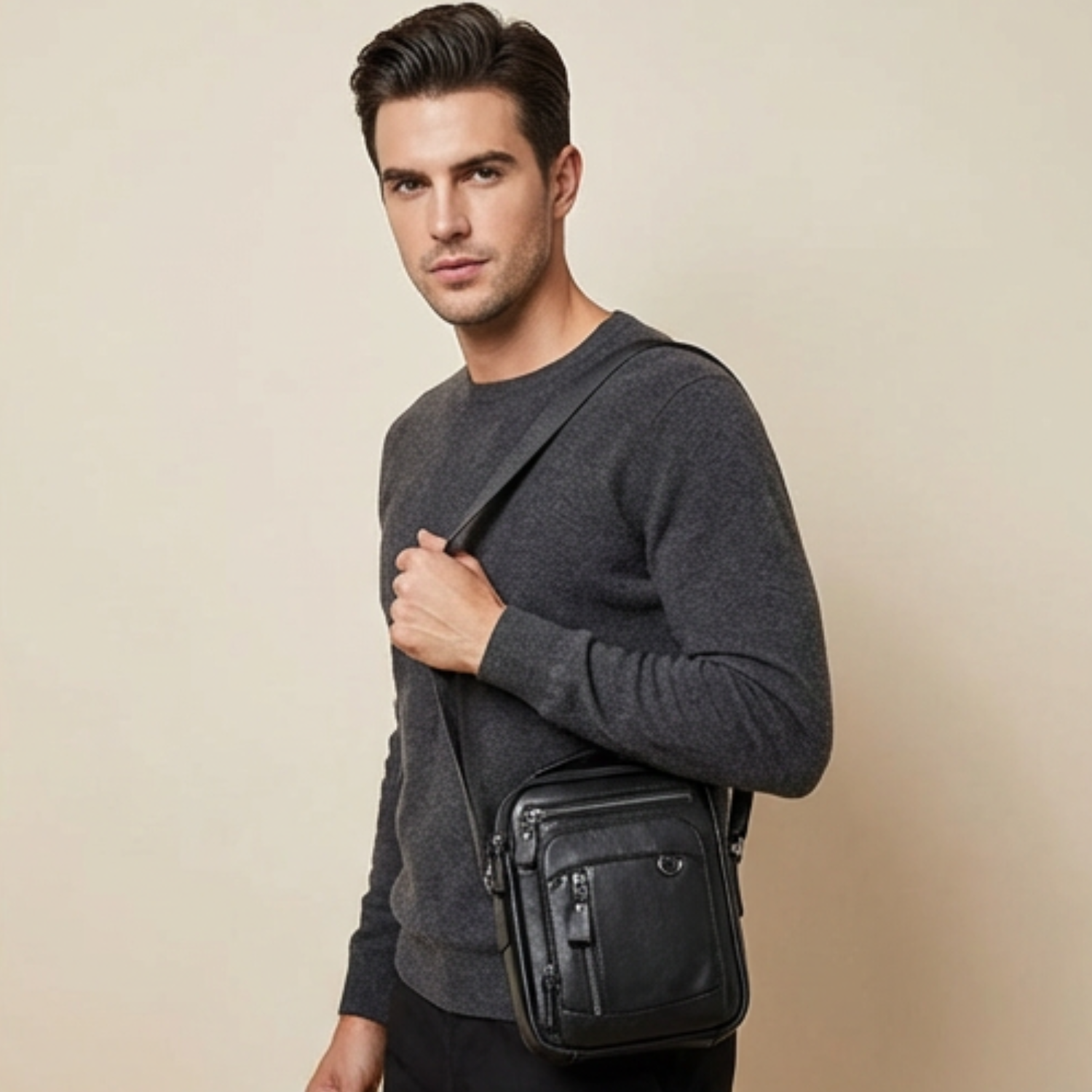 Man holding a black crossbody bag against a beige background