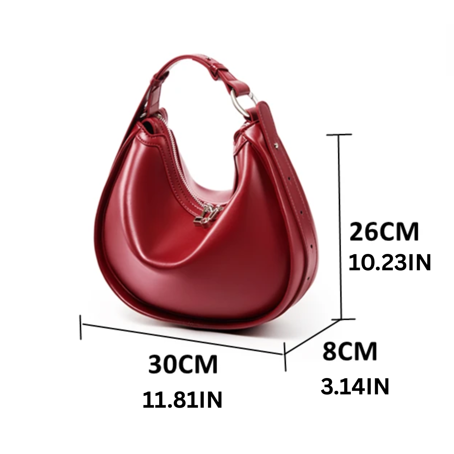 Red handbag with measurements on a white background