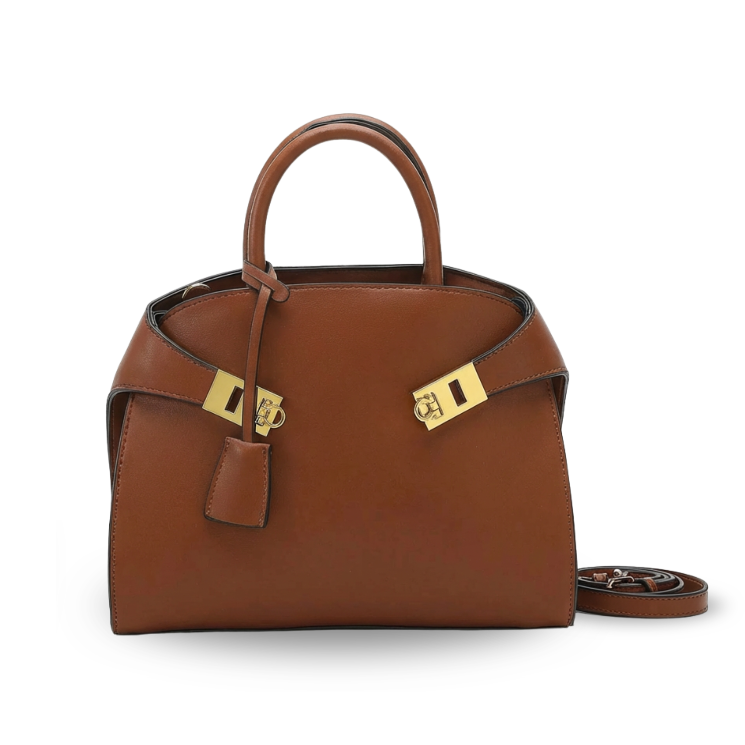 Brown leather handbag with gold hardware on a white background