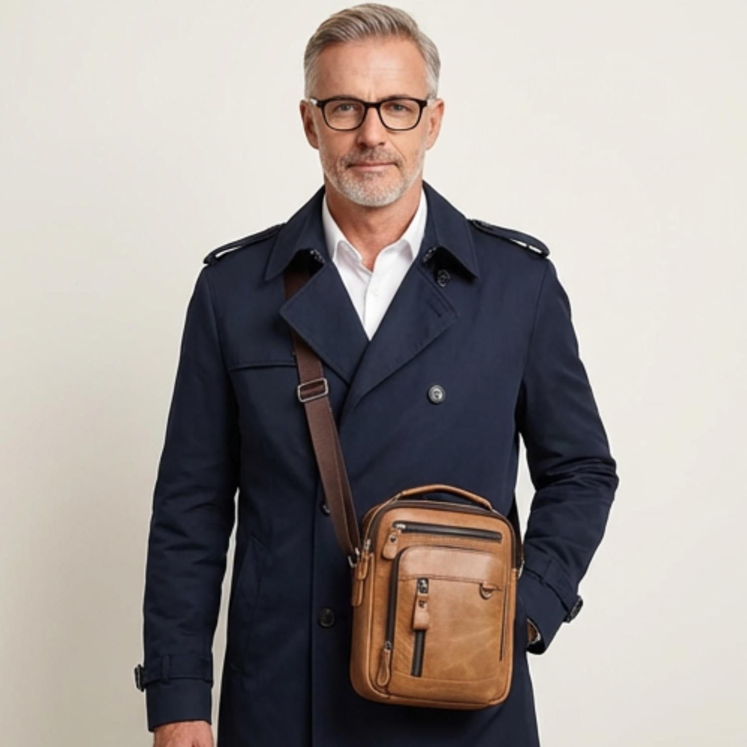 Man wearing a navy trench coat with a brown leather bag on a beige background