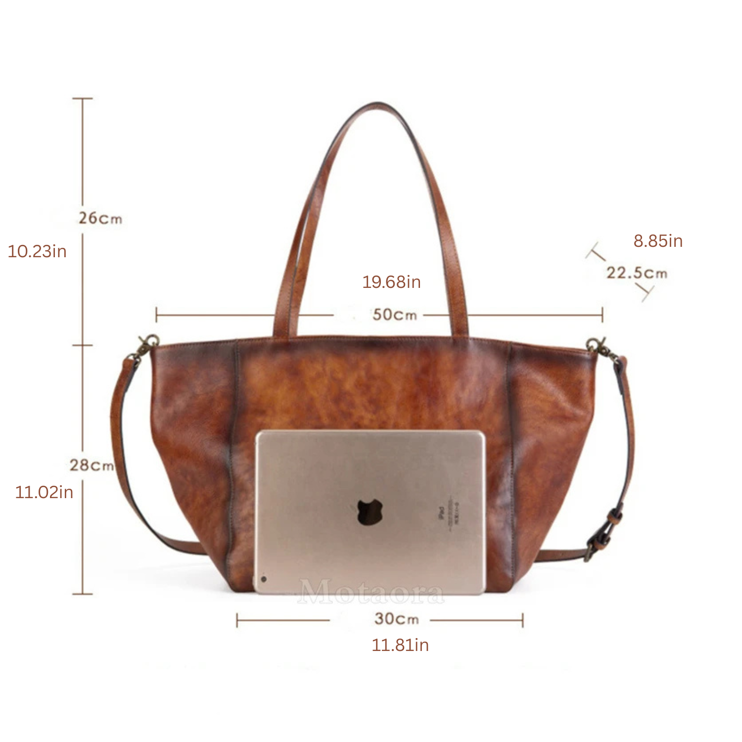 Brown leather handbag with dimensions marked on a white background
