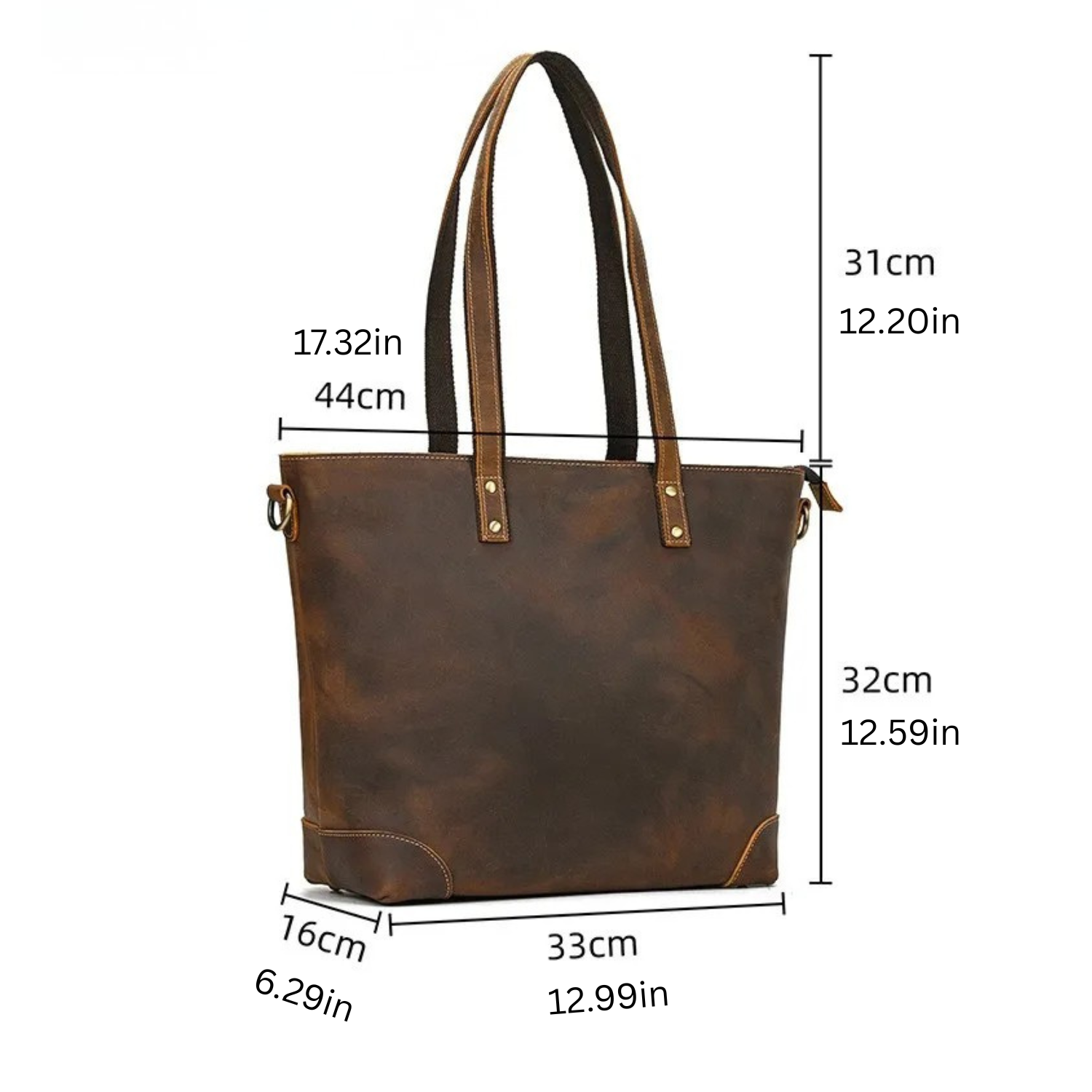 Brown leather tote bag with measurements on a white background