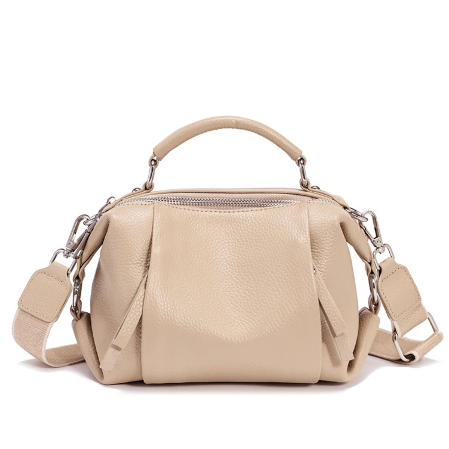 Beige handbag with a shoulder strap on a white background