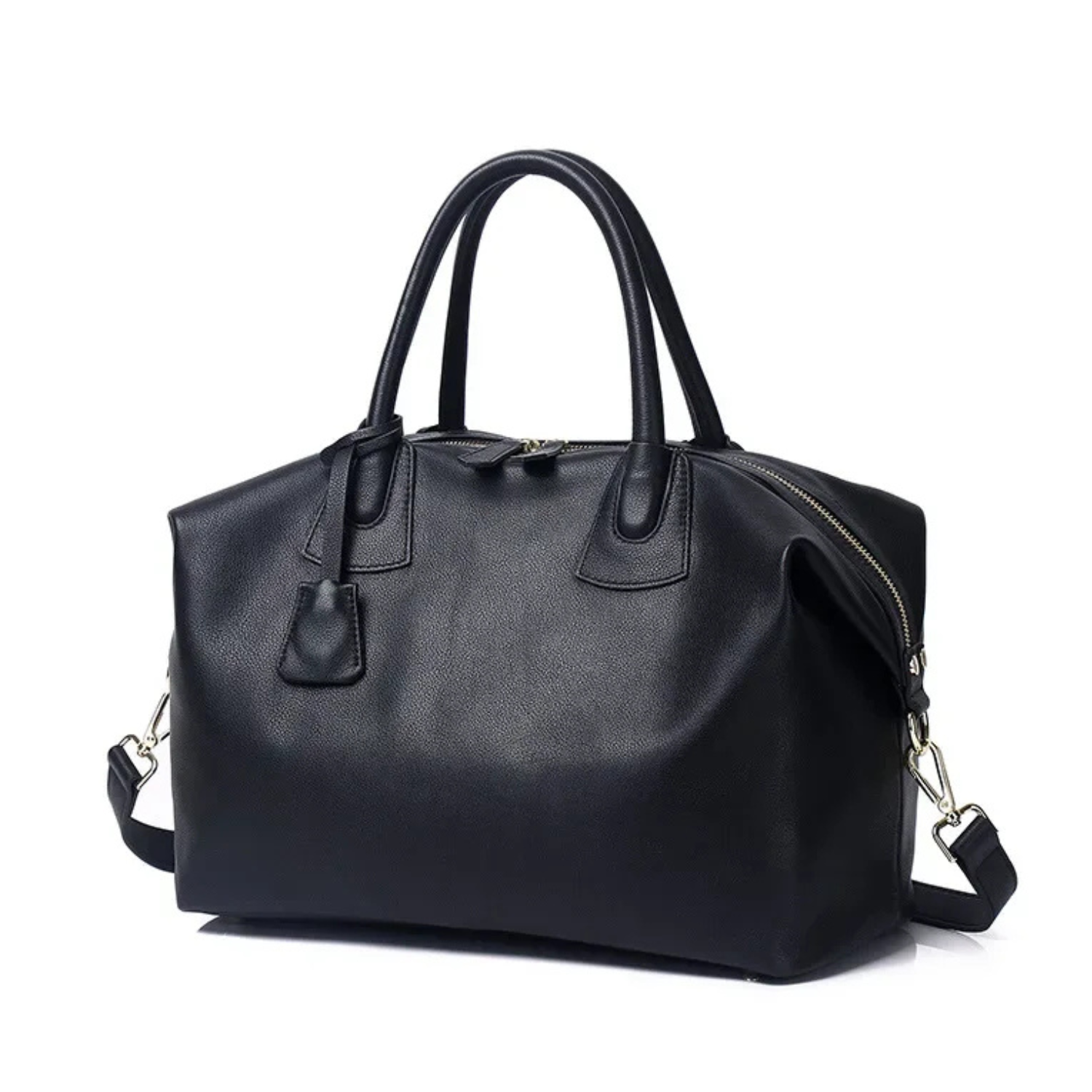 Black handbag with gold accents on a white background