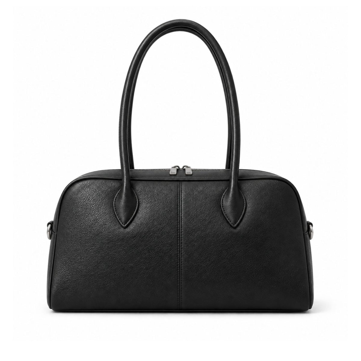 A black textured leather handbag with double top handles and a zippered top closure, shown against a plain white background.