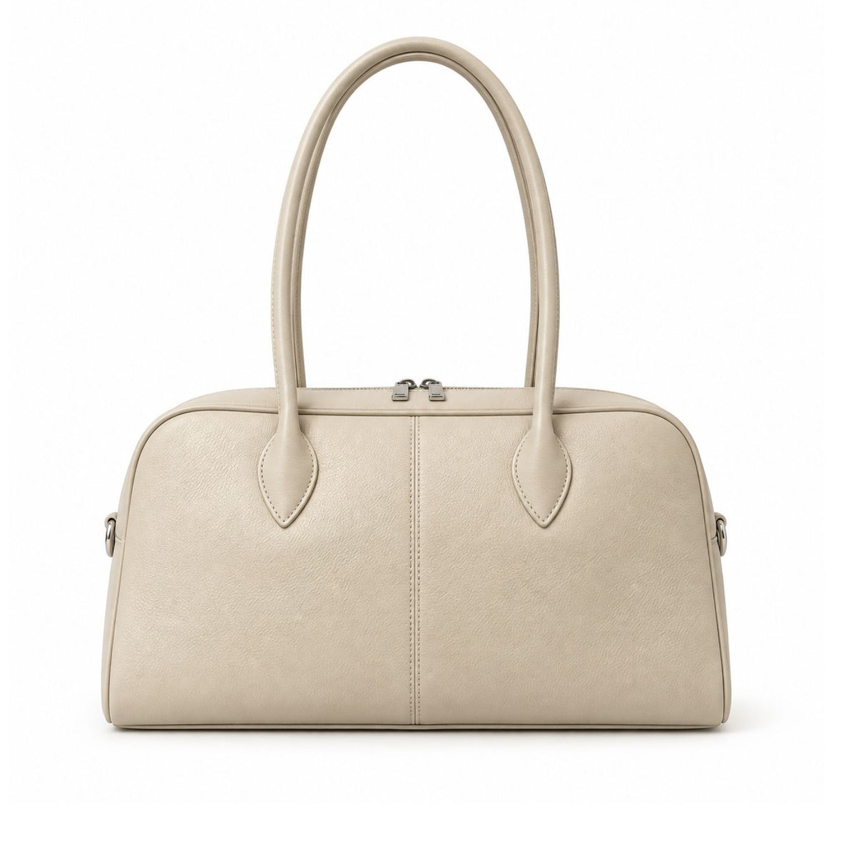 A light beige textured leather handbag with double top handles and silver-tone hardware, shown against a plain white background.