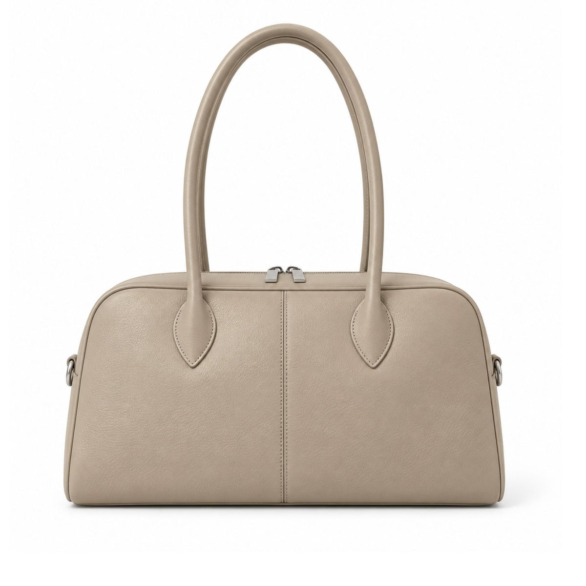 A structured dome-shaped handbag in light taupe leather with dual top handles and silver-tone hardware, photographed against a clean white background.