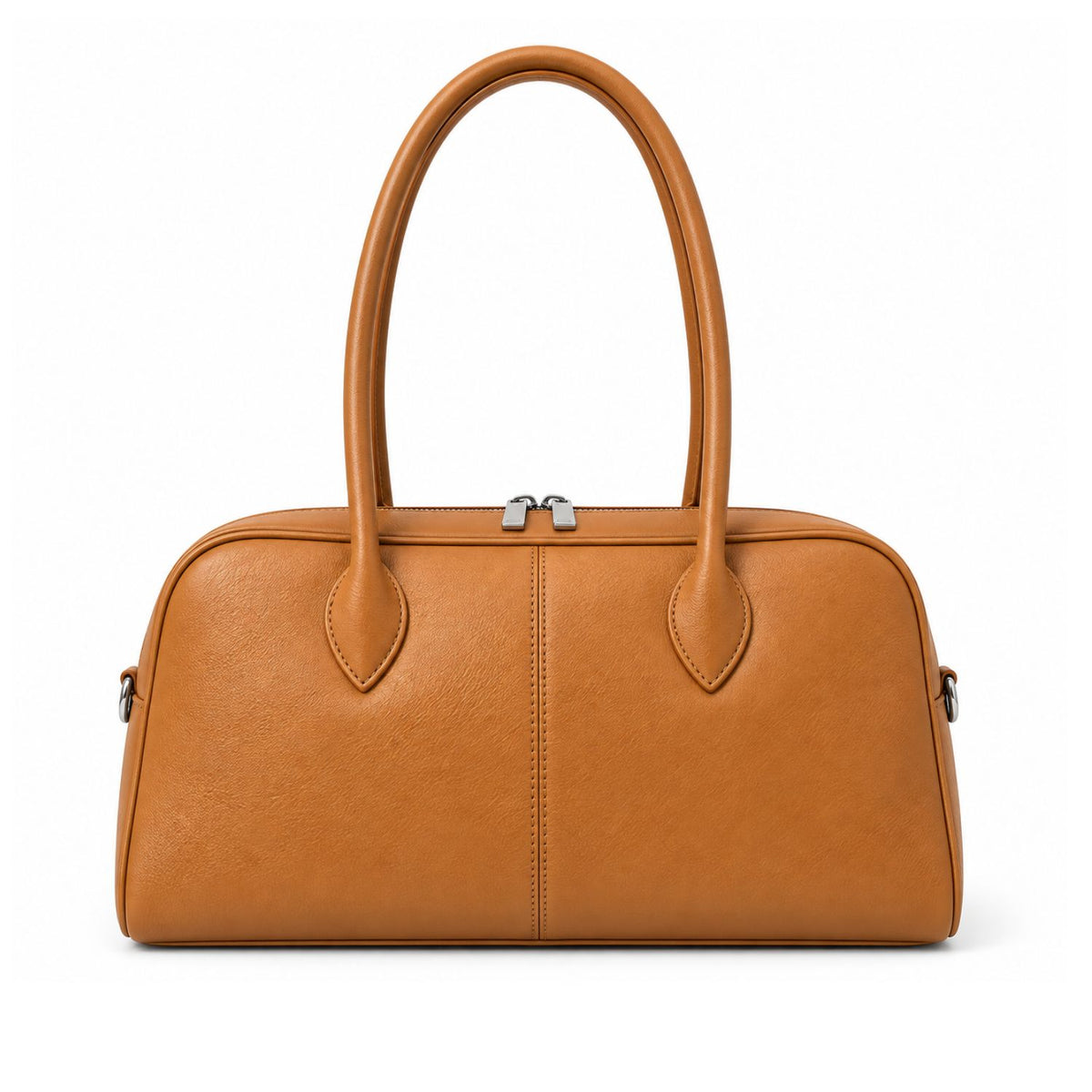 A tan leather duffel handbag with dual top handles, a curved dome silhouette, and silver-tone hardware, shown against a plain white background.
