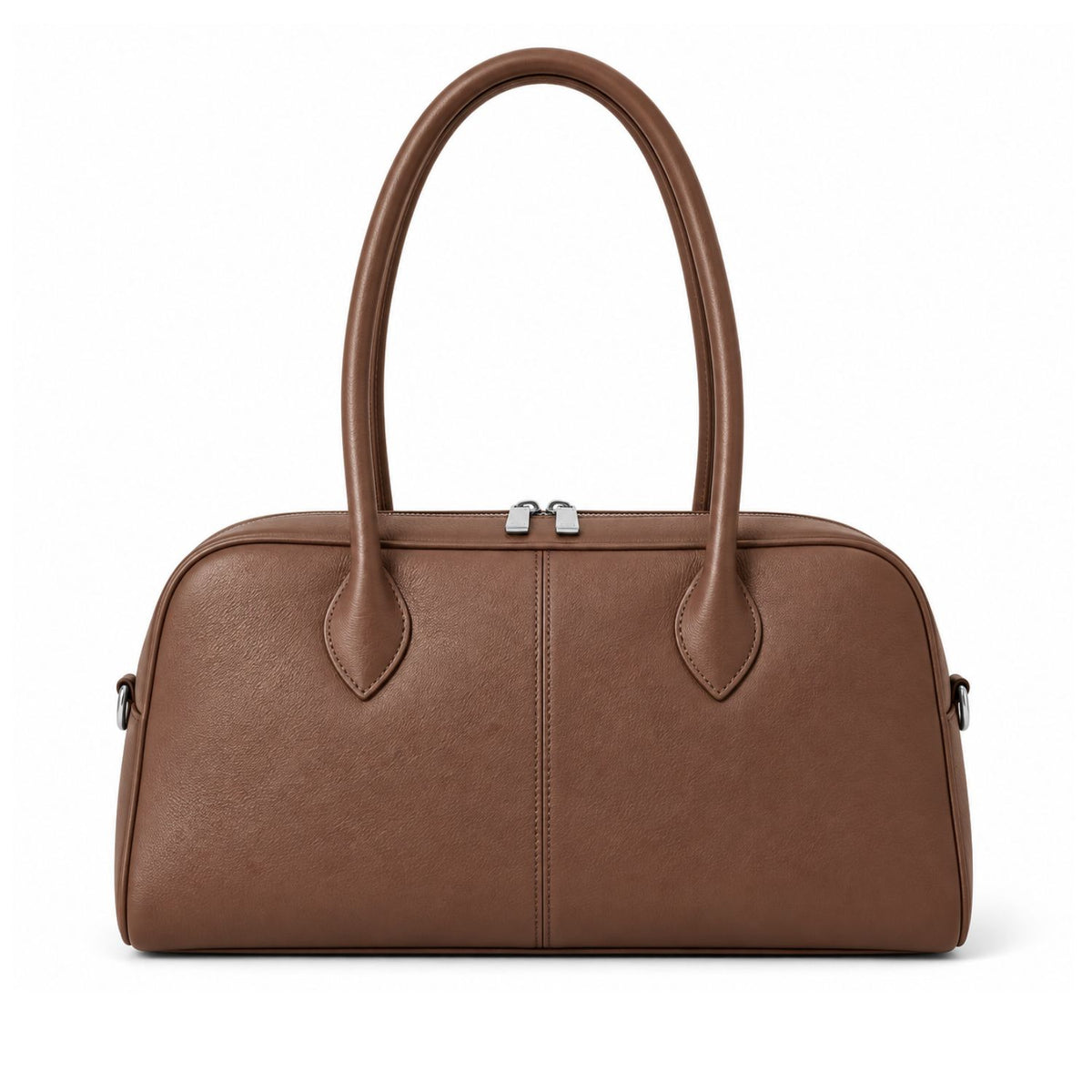 A brown leather handbag with double top handles and a curved dome silhouette, shown against a plain white background.