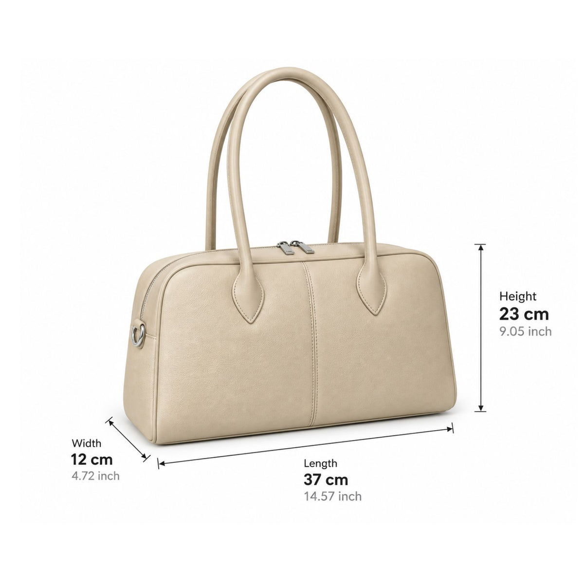 A beige leather handbag shown on a white background with dimension lines and text indicating its width, length, and height.