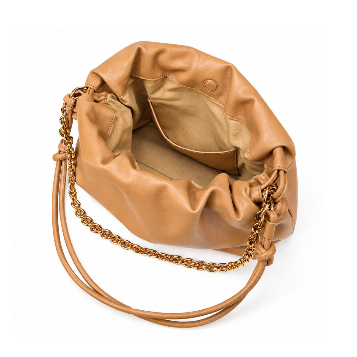 A tan leather slouchy shoulder bag with a gold-tone chain strap, shown from an overhead angle on a white background.