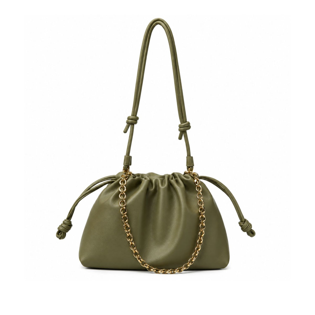 Olive green leather shoulder bag with a gathered silhouette, knotted straps and gold chain detail on a white background.