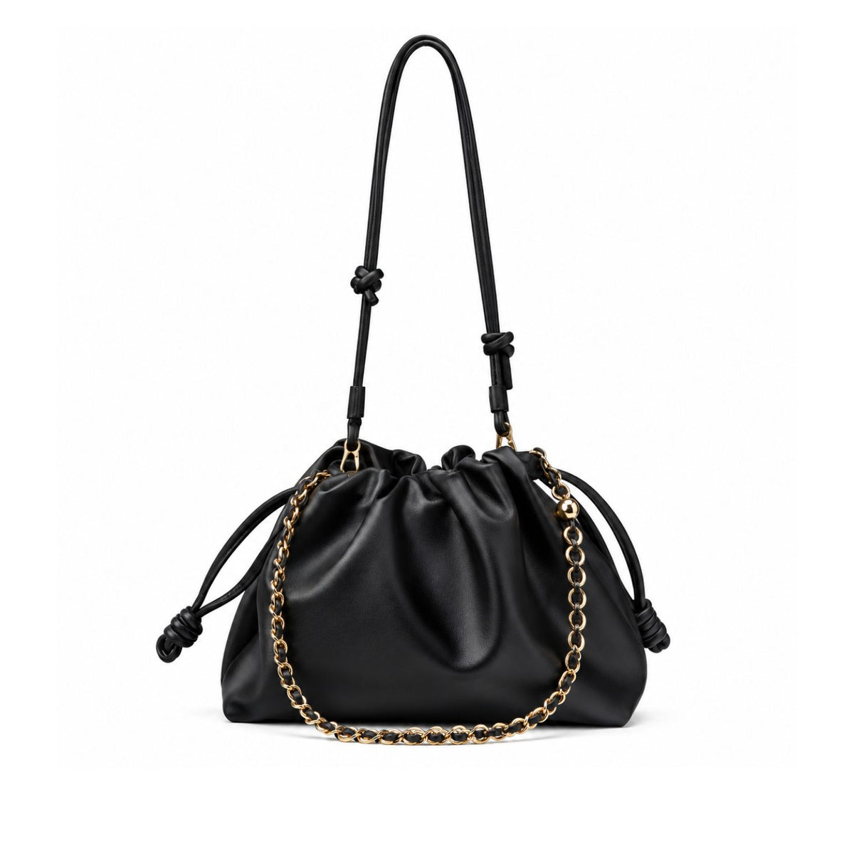 A black leather drawstring bucket bag with a gold chain link accent and knotted leather shoulder strap, shown against a plain white background.