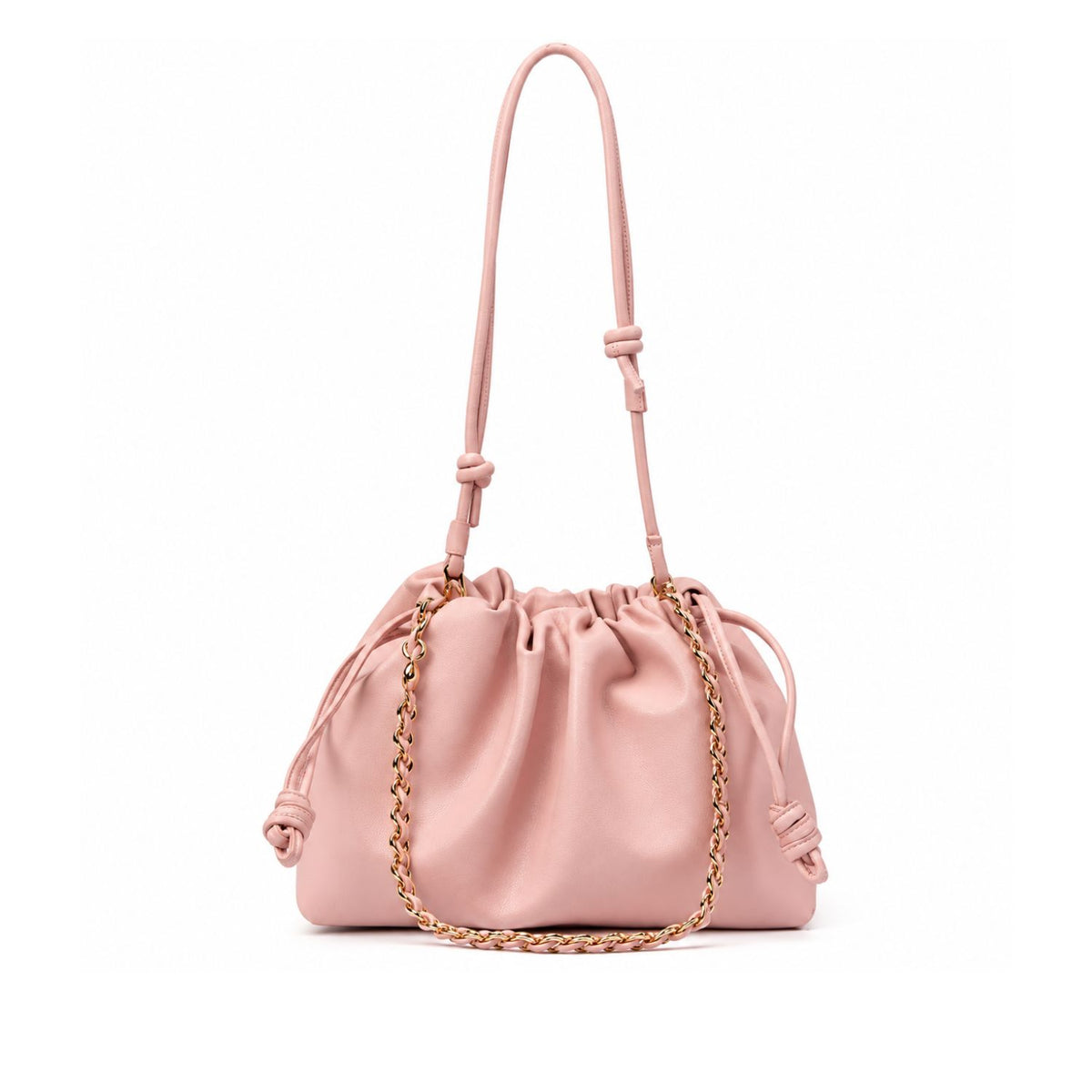 A light pink leather drawstring bucket bag with a gold chain strap, shown against a plain white background.