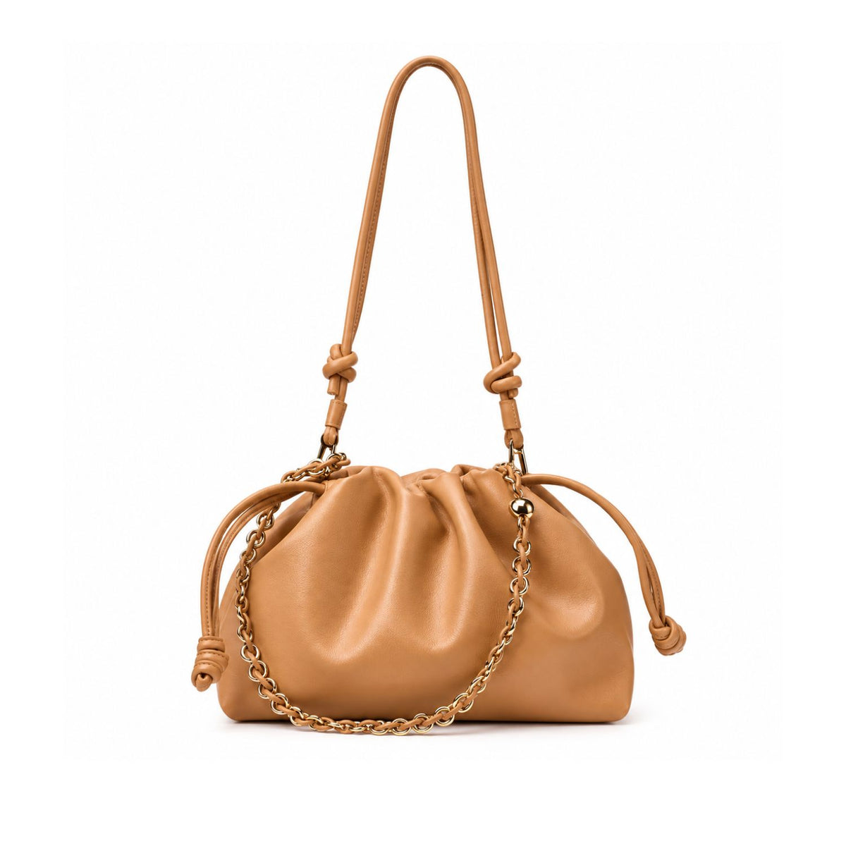 A tan leather slouchy shoulder bag with a gold chain strap and knotted details, shown on a solid white background.