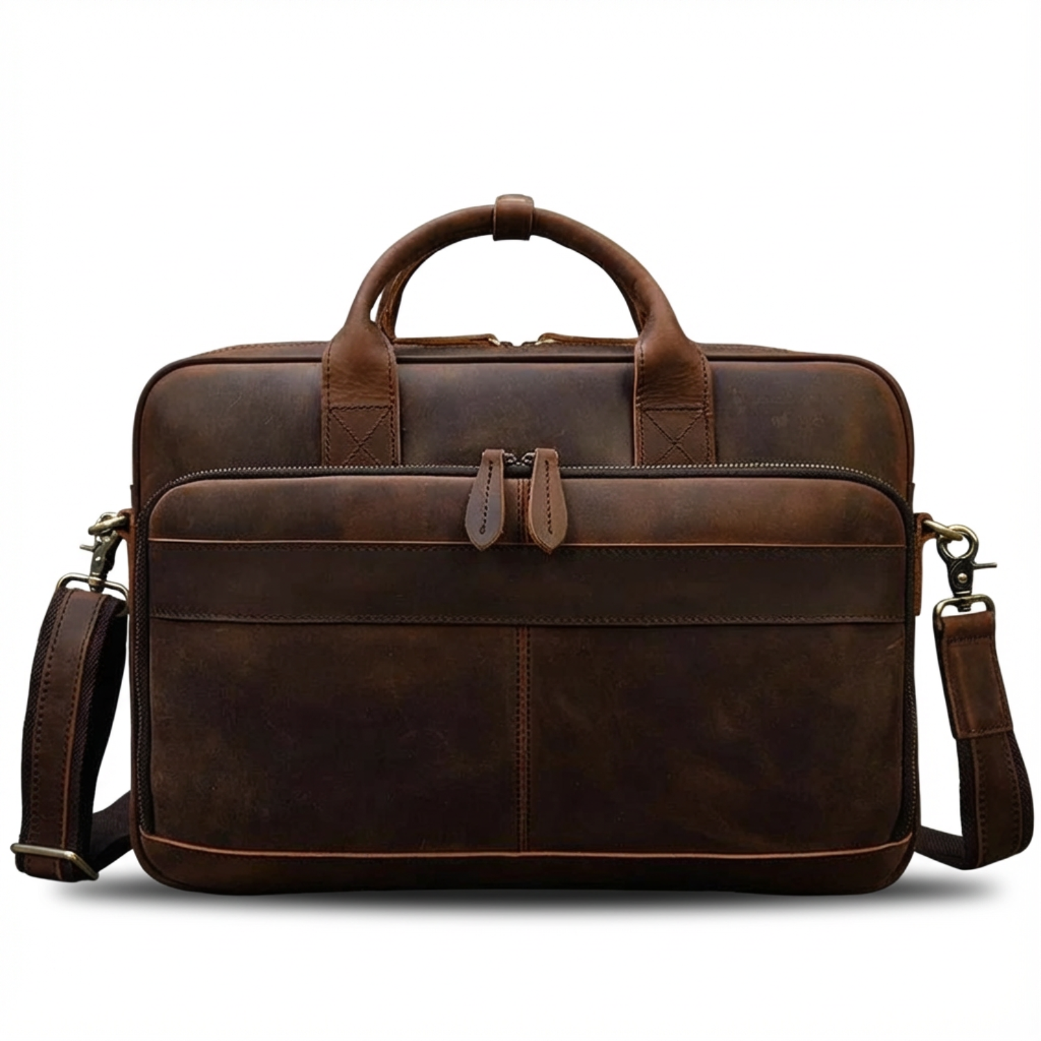 Brown leather briefcase with shoulder strap on a white background