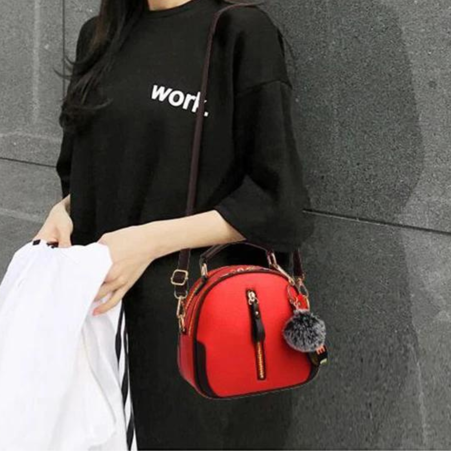 Chic Black Round Tote with Fur Charm