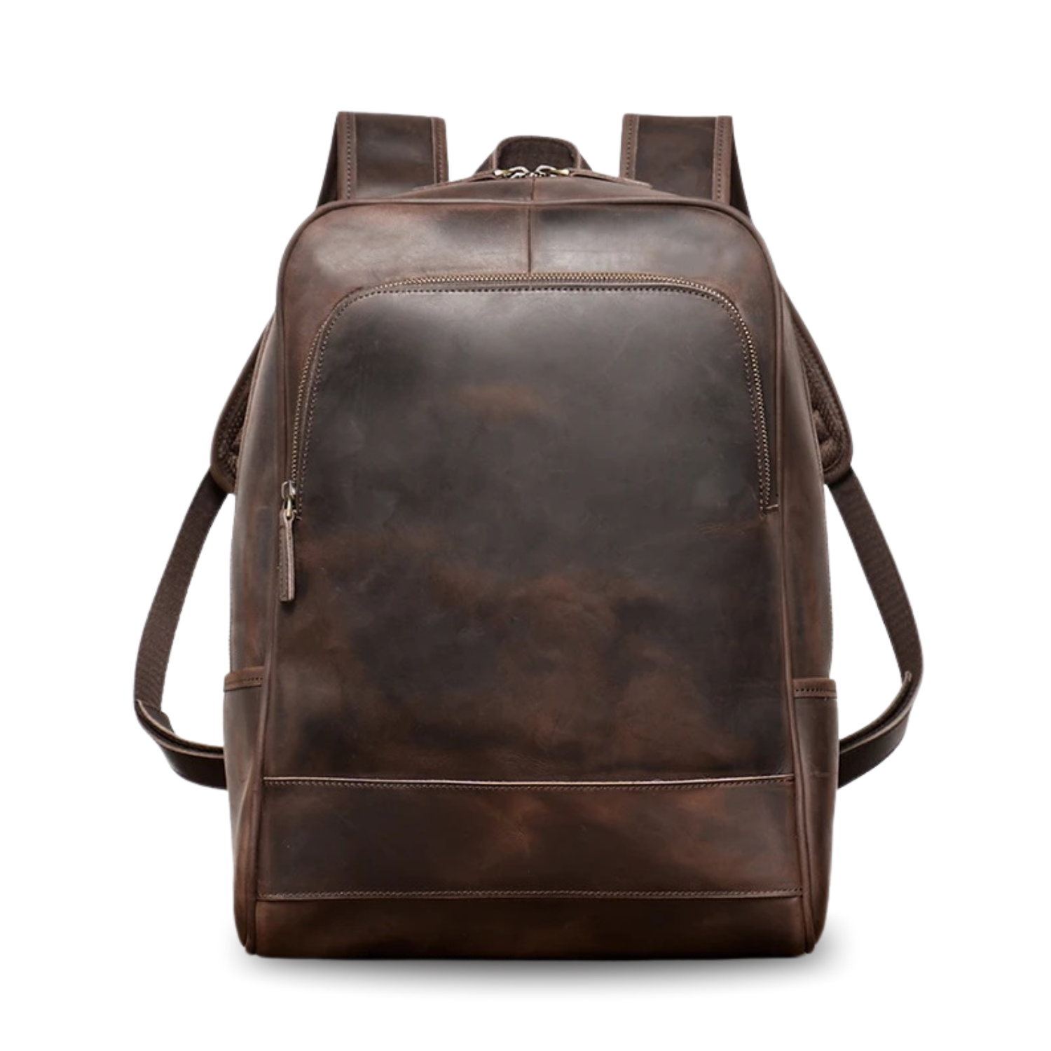 Brown leather backpack on a white background