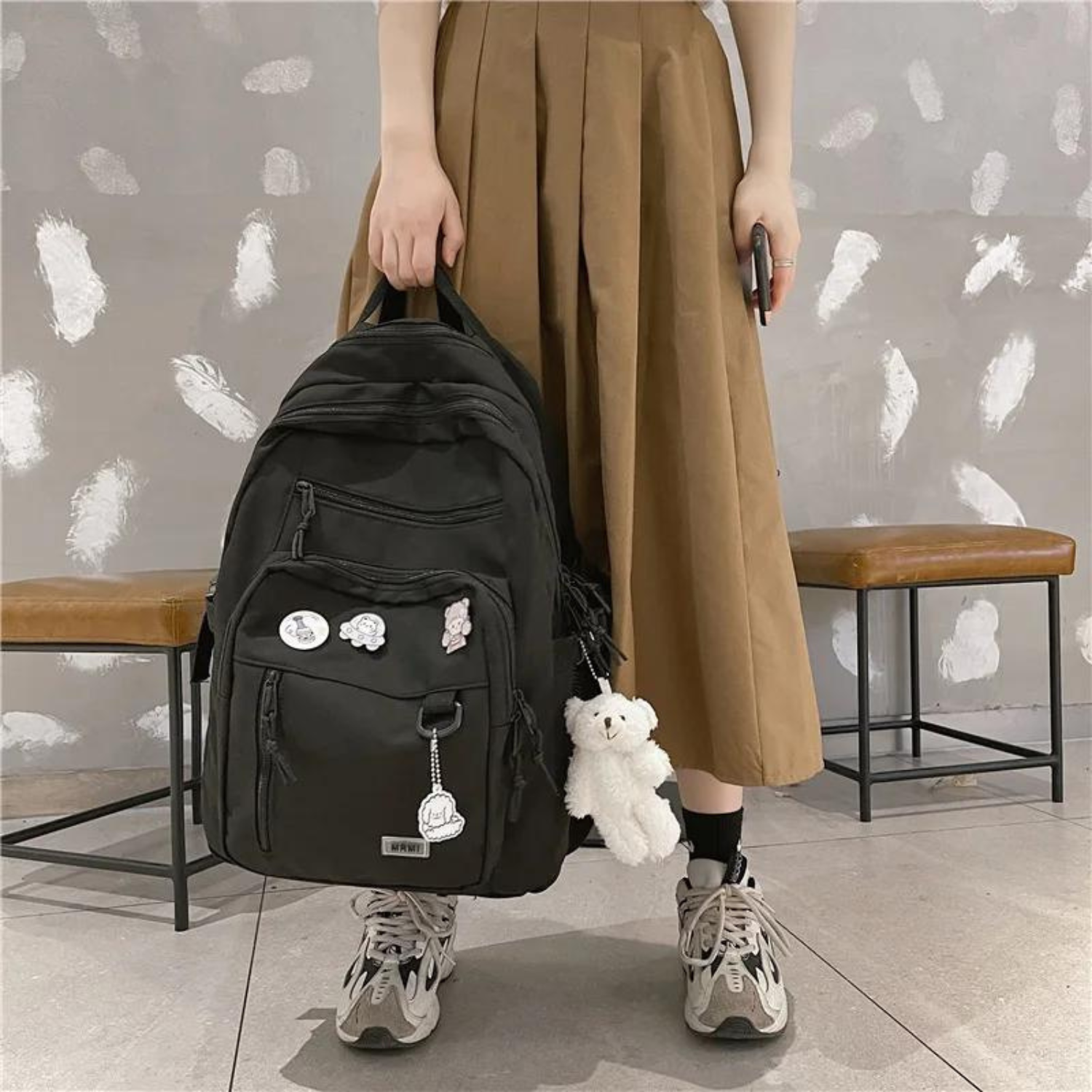 Chic Badge-Accented Backpack for School & Travel