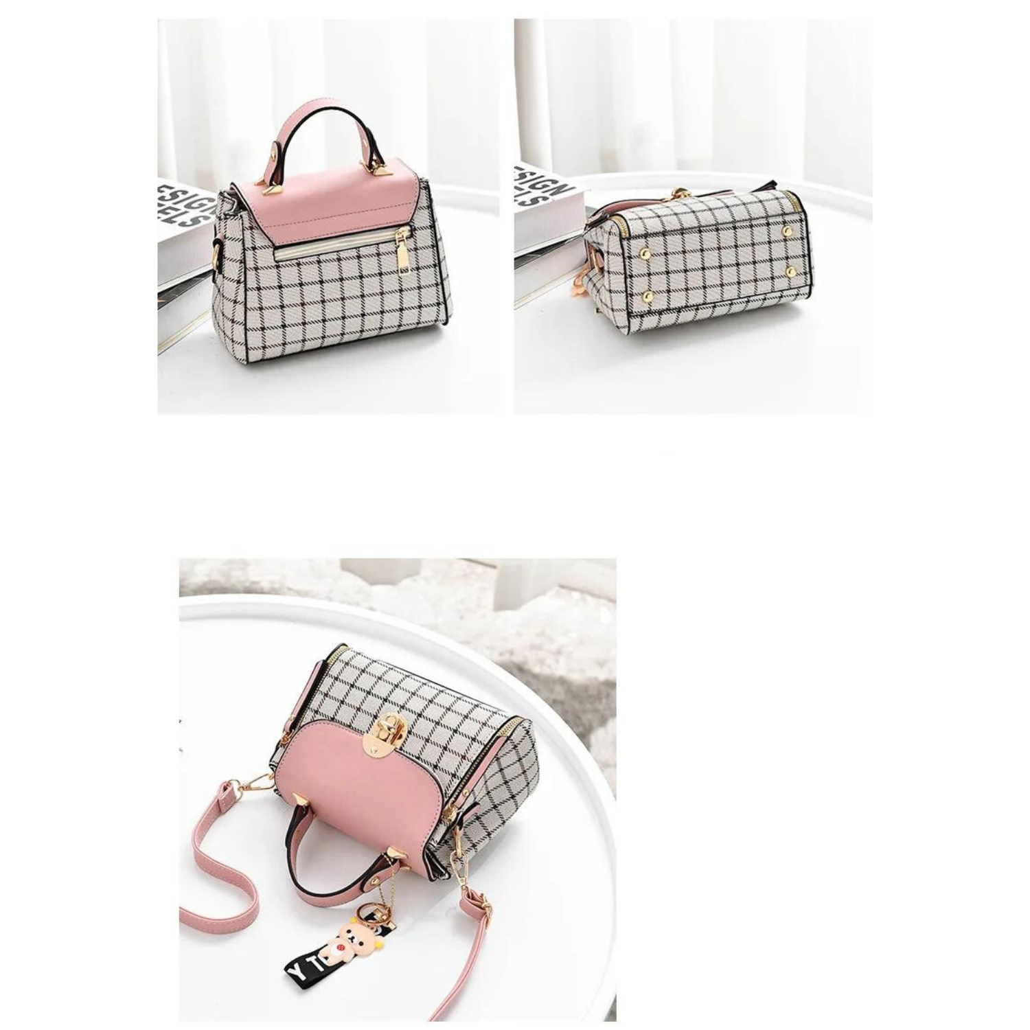 Chic Plaid Pattern Handbag with Charm Accents