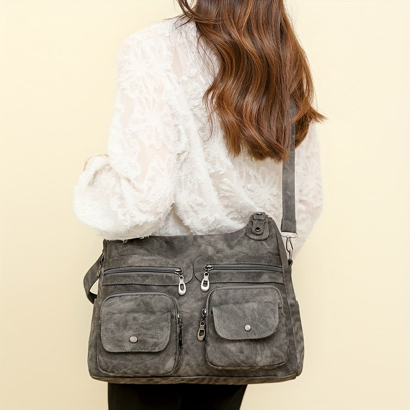 1pc Vintage Style Women's Shoulder Bag with Dual Main Compartments, Faux Leather, Removable Strap, Zip Closure, Polyester Lining, Solid Pattern, for Various Occasions - Available in Black, Beige, Khaki, Grey, Blue
