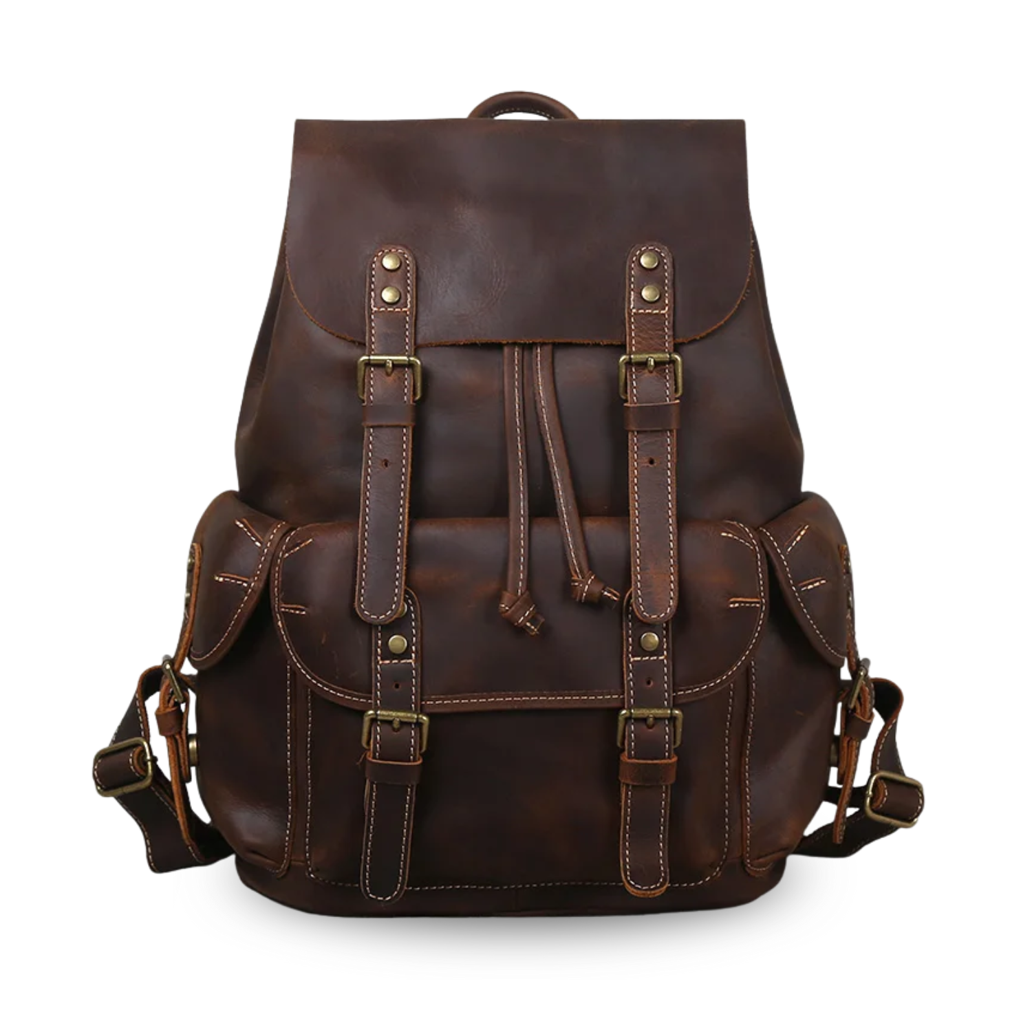 brown retro letaher men backpack on white background