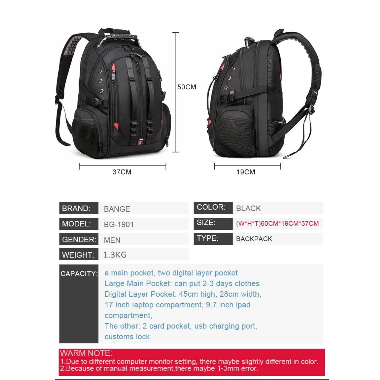 USB Charging Robust 45L Anti-Theft Travel Backpack