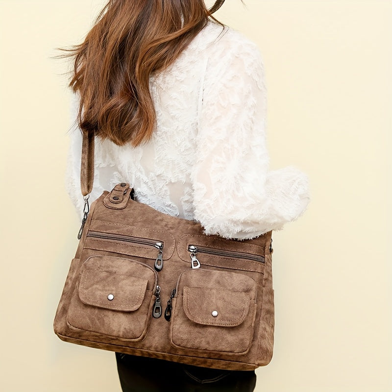 1pc Vintage Style Women's Shoulder Bag with Dual Main Compartments, Faux Leather, Removable Strap, Zip Closure, Polyester Lining, Solid Pattern, for Various Occasions - Available in Black, Beige, Khaki, Grey, Blue