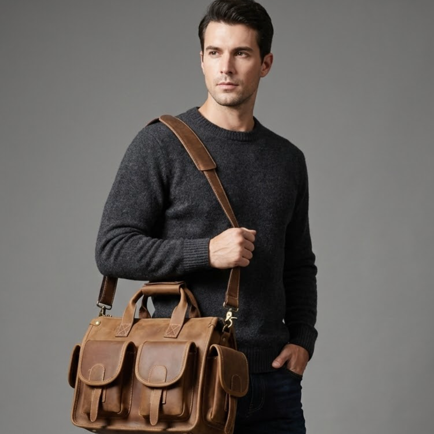 white man with a brown leather briefcase on a gray background