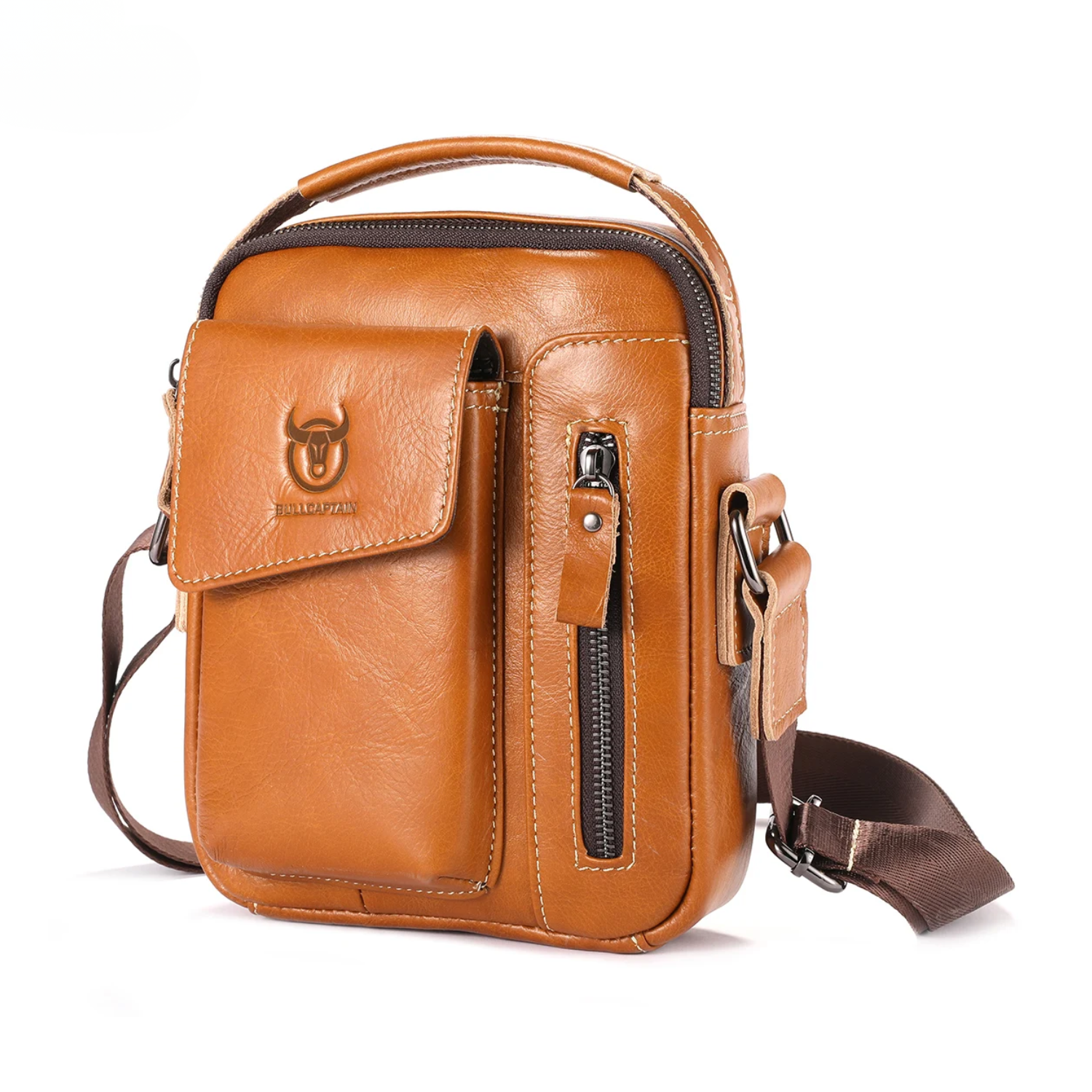 Brown leather crossbody bag on a white background