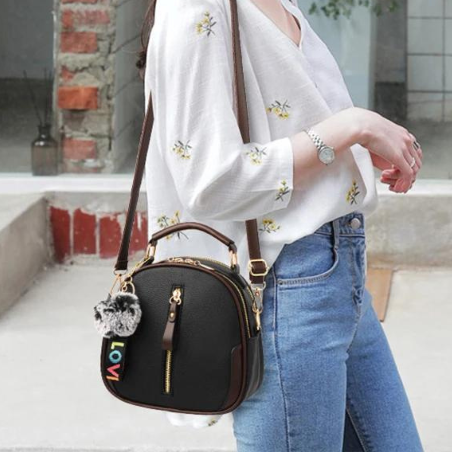 Chic Black Round Tote with Fur Charm