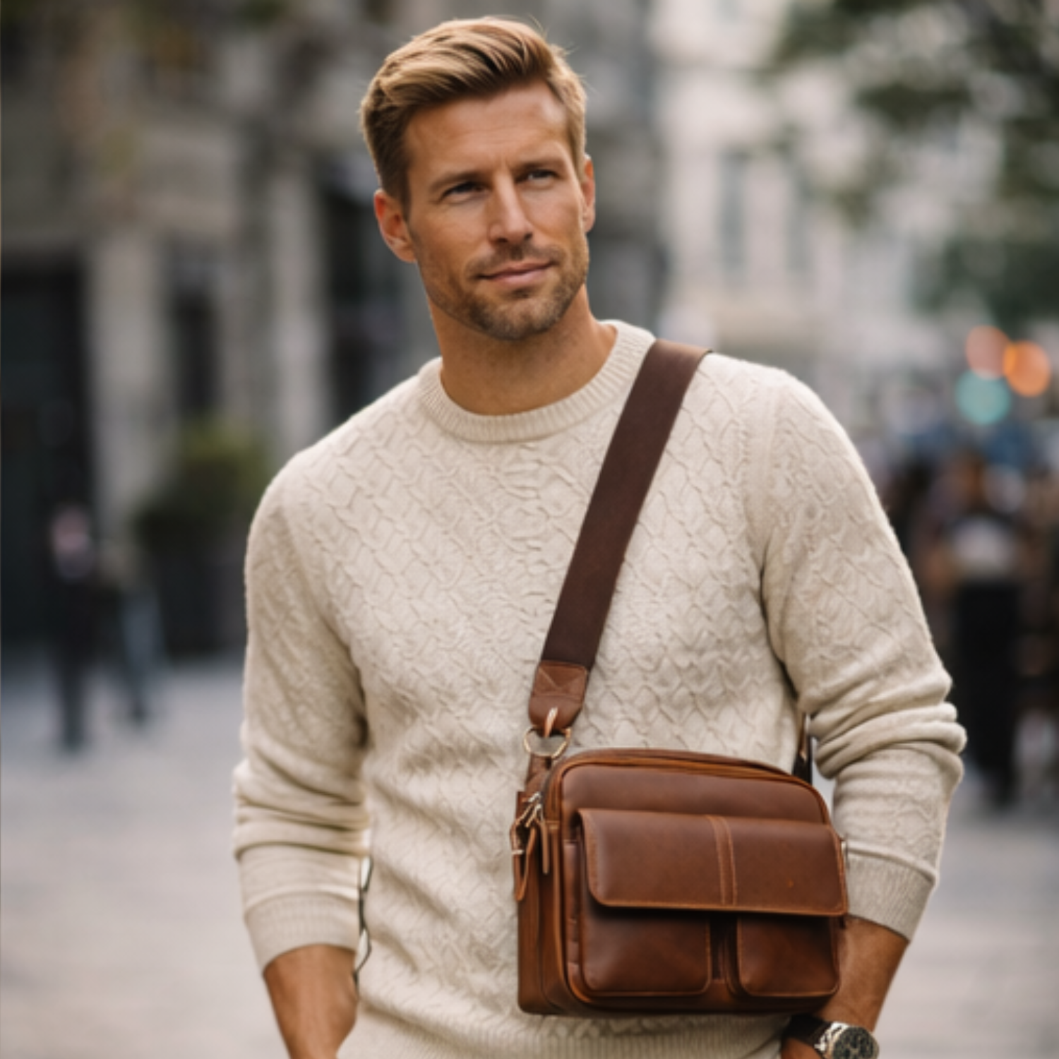Man wearing a beige sweater with a brown leather crossbody bag on a blurred street background