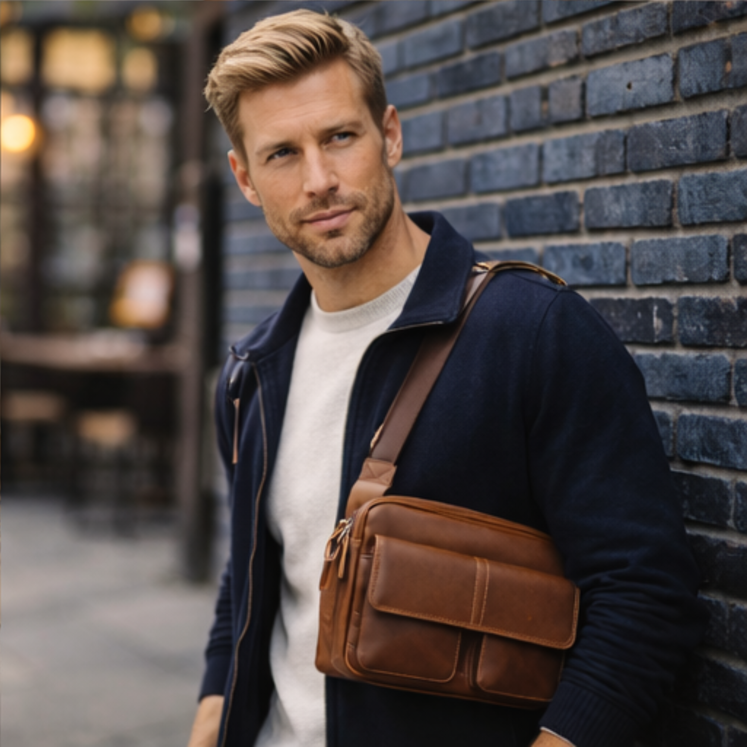 Man wearing a brown leather bag against a brick wall.