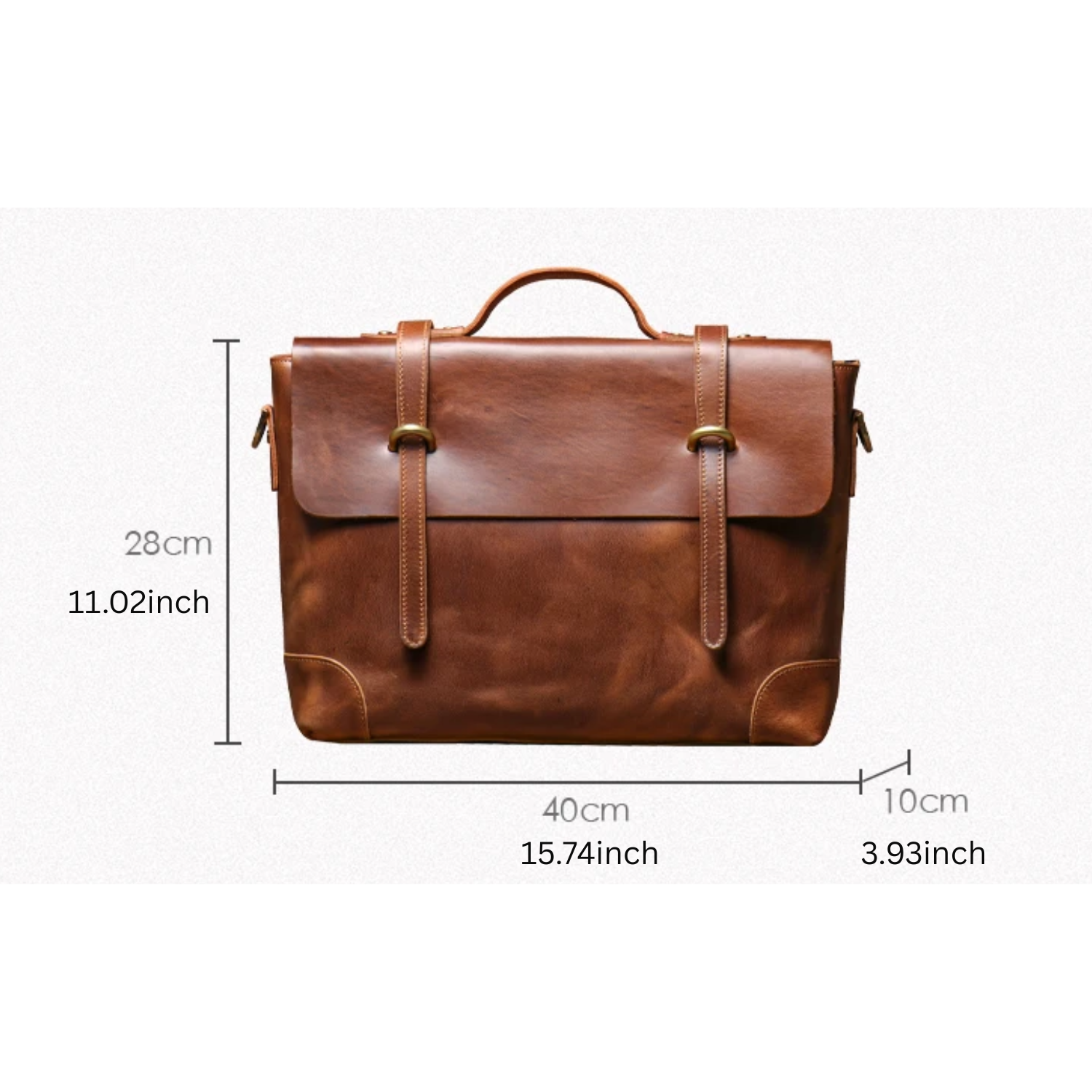 Brown leather briefcase with dimensions indicated on a white background