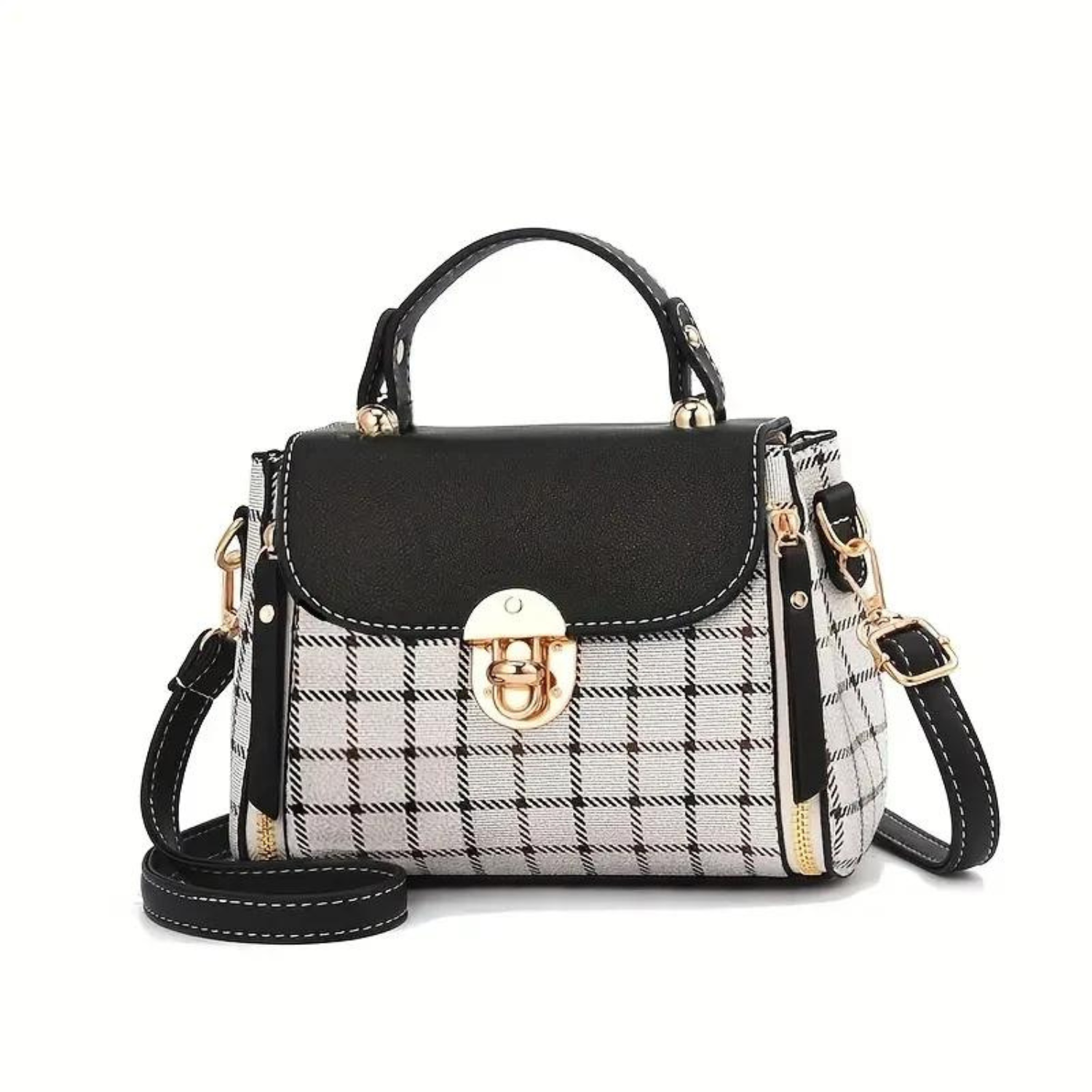 Classic Houndstooth Crossbody Bag with Gold Accents