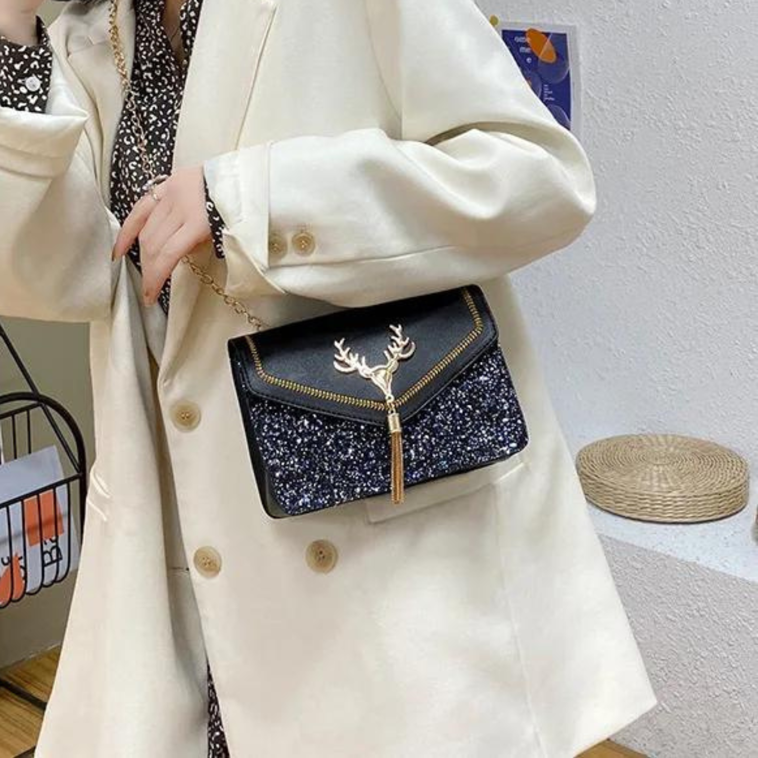 Enchanted Glitter Deer Tassel Crossbody Bag