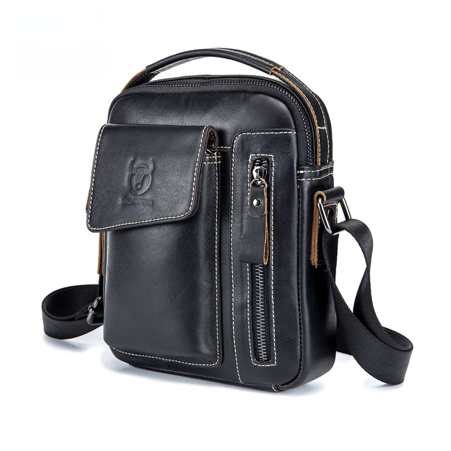 Black leather crossbody bag with visible brand logo on a white background