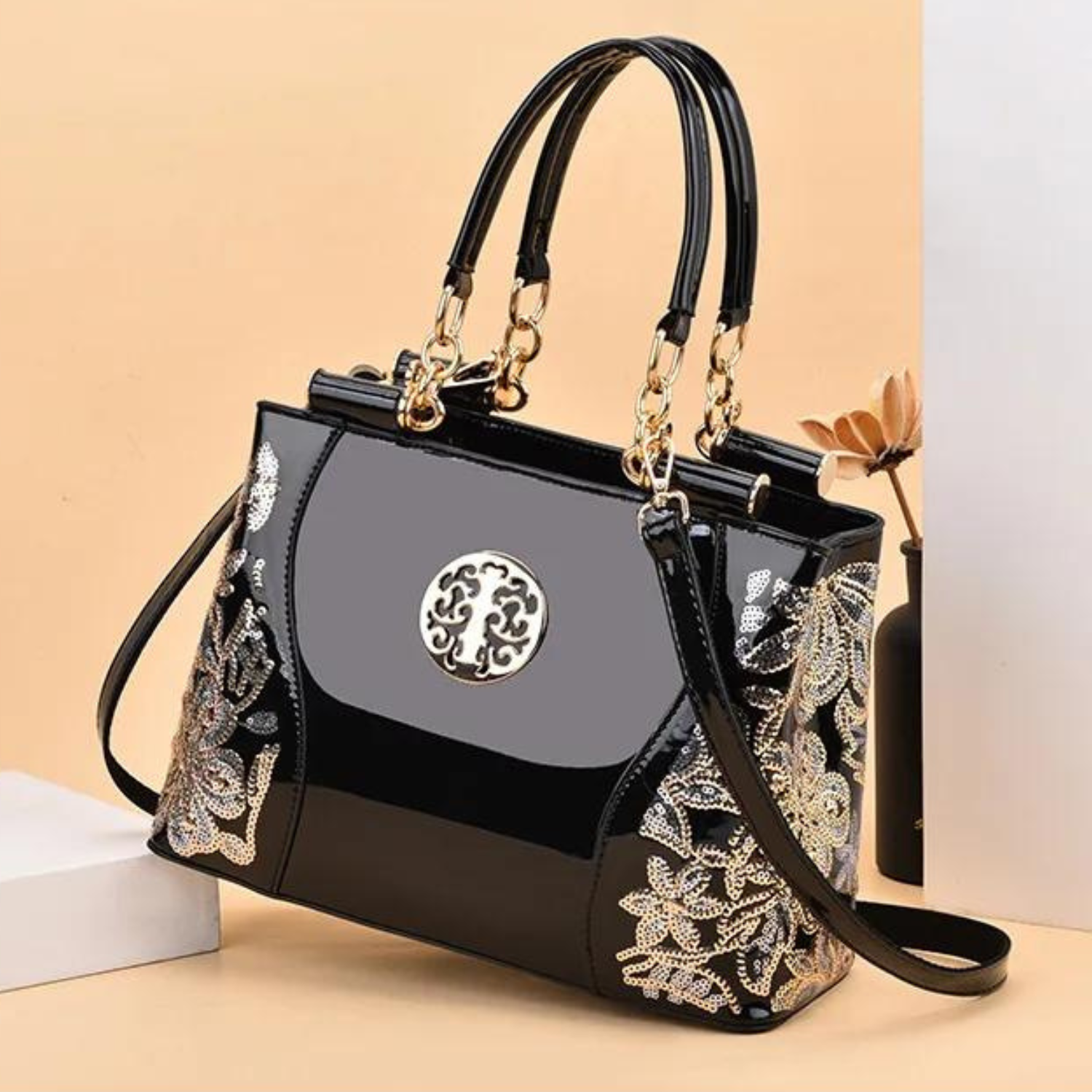 Elegant Floral Embroidery Patent Tote Bag