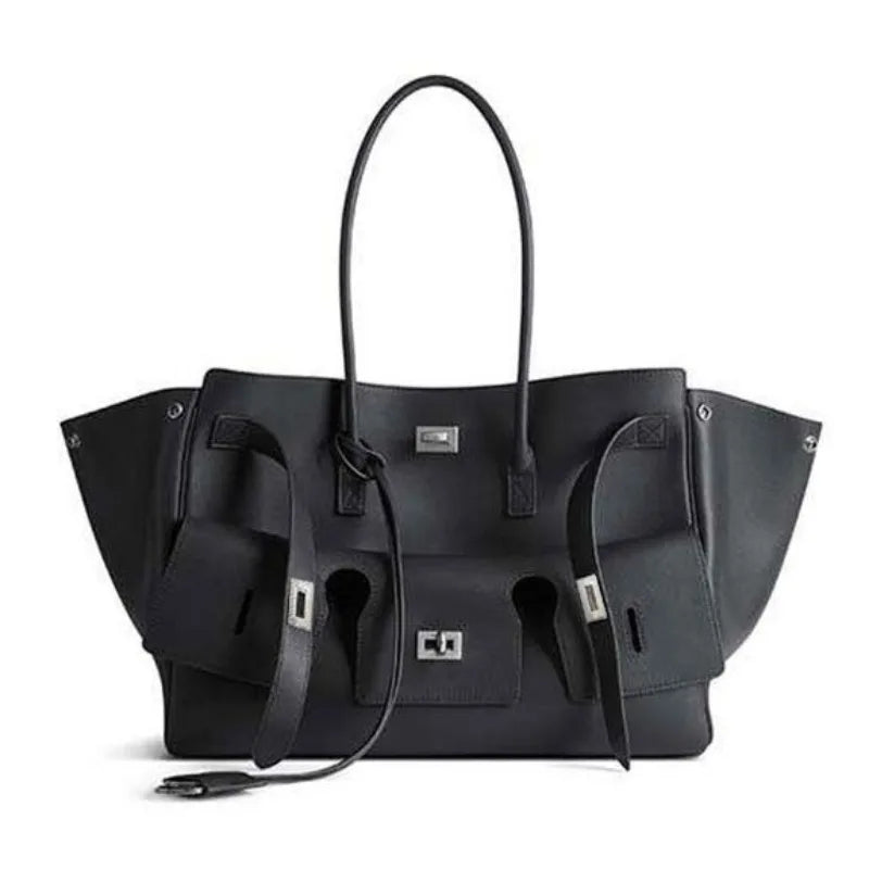 A black luxury genuine leather tote bag with a spacious design, featuring dual handles and a secure lock closure.
